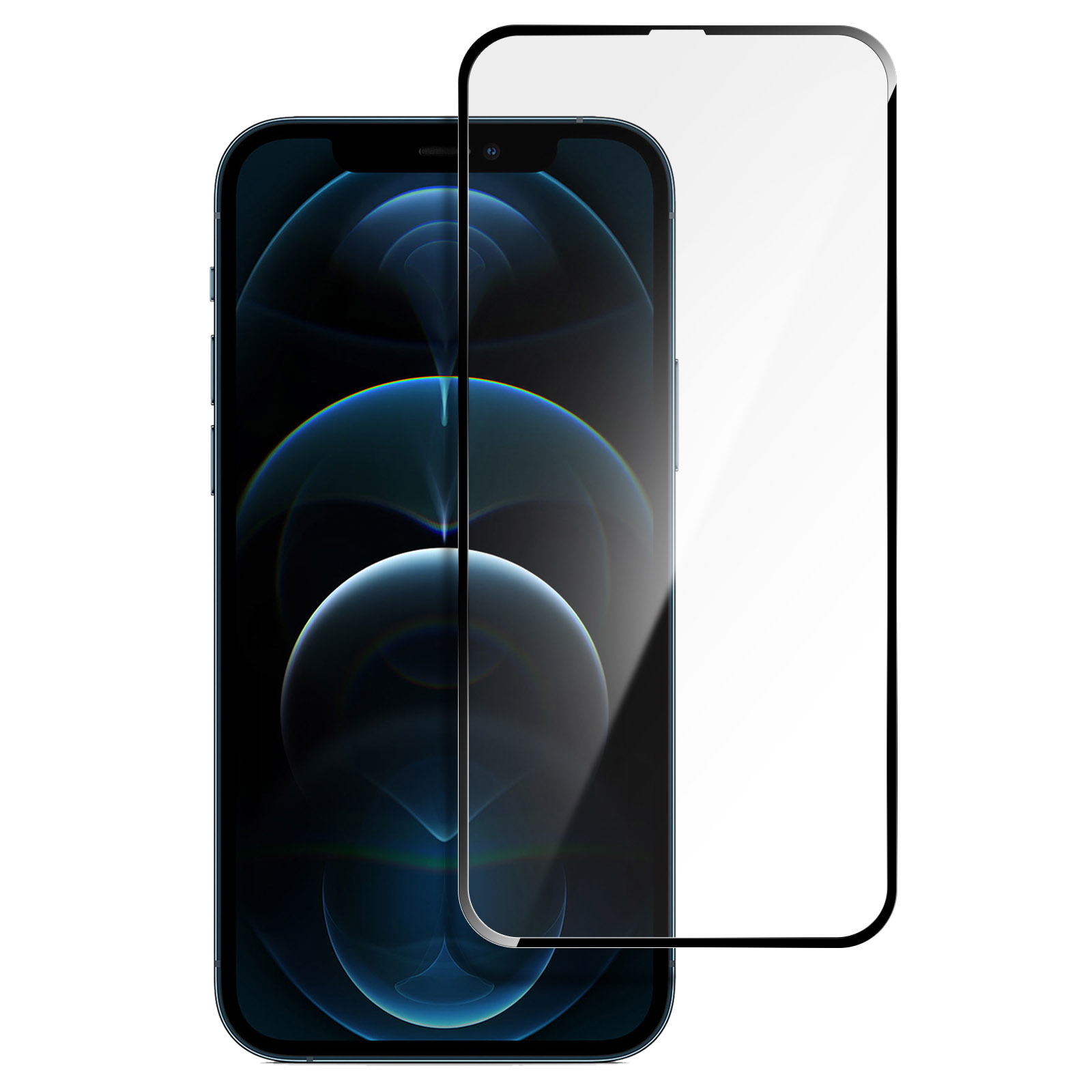 Uno smartphone con protezione schermo. Il telefono è nero e blu, con una protezione schermo trasparente sopra.