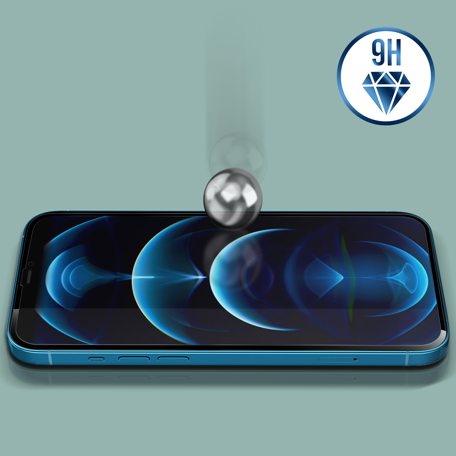 Una sfera d'acciaio cade su un telefono con una protezione schermo blu. Un logo diamante 9H sullo sfondo.