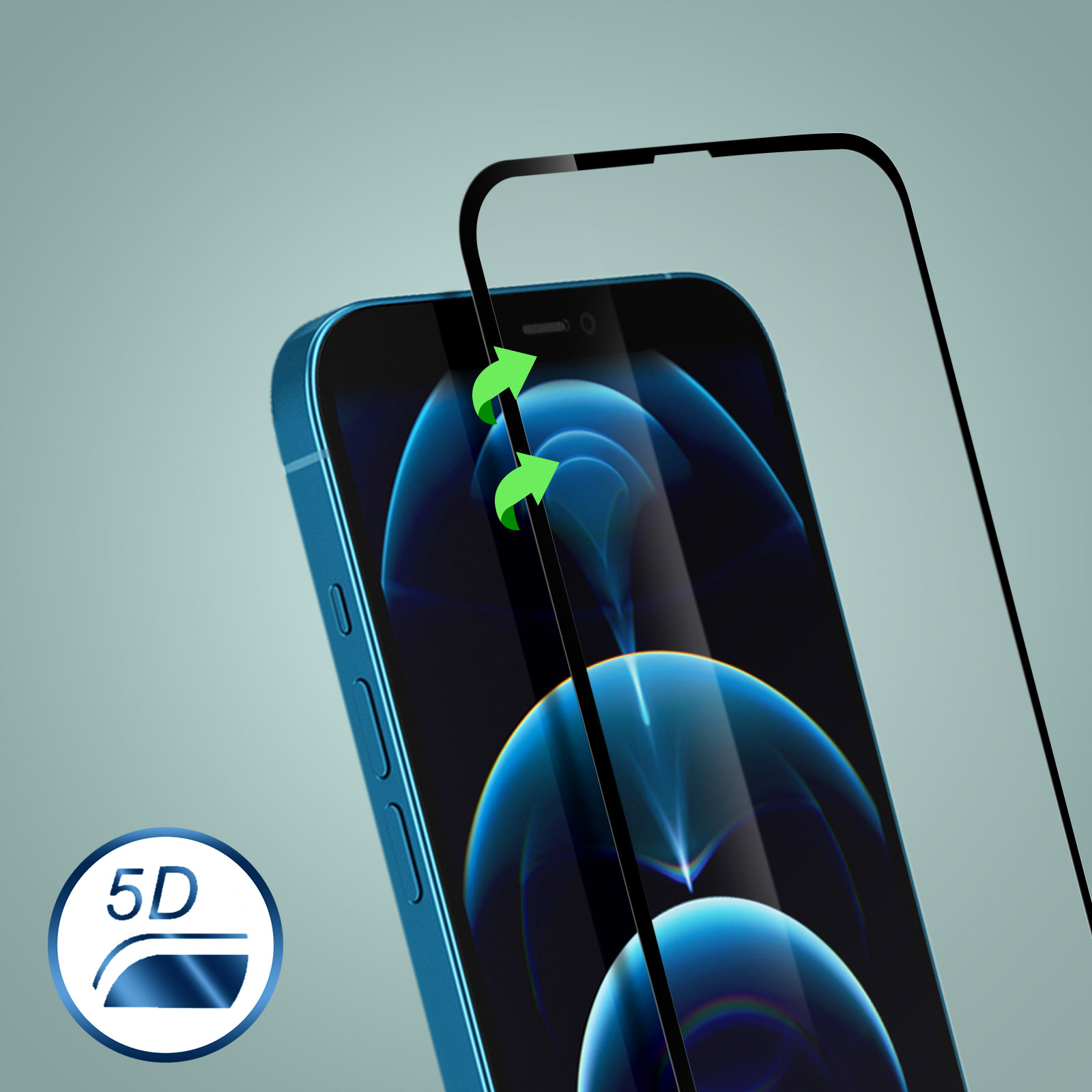 Un telefono blu con una protezione per lo schermo in applicazione. Frecce verdi indicano l'applicazione. Un adesivo '5D' è nell'angolo.