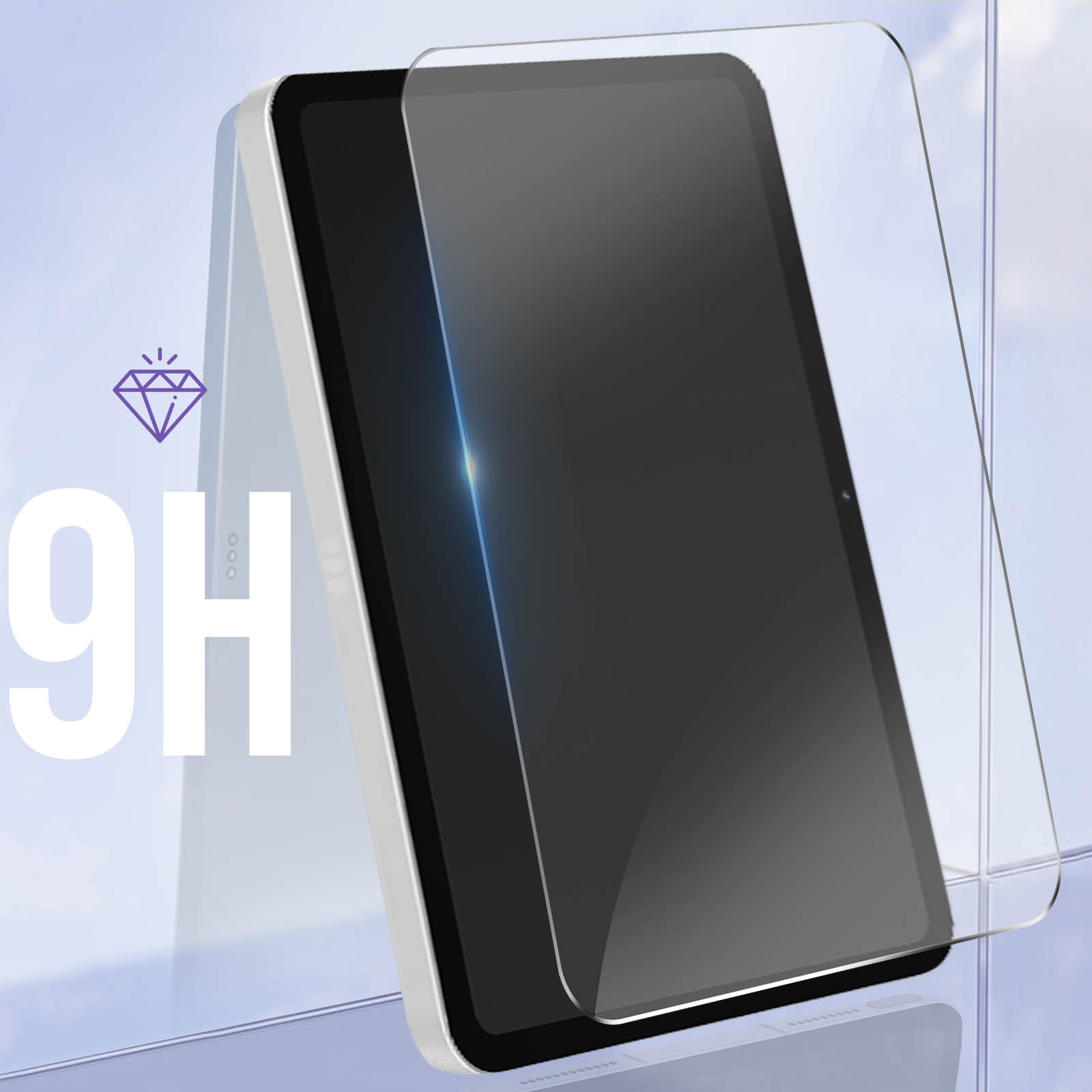 Tablet con protezione schermo. La protezione è applicata. Logo 9H diamante visibile.