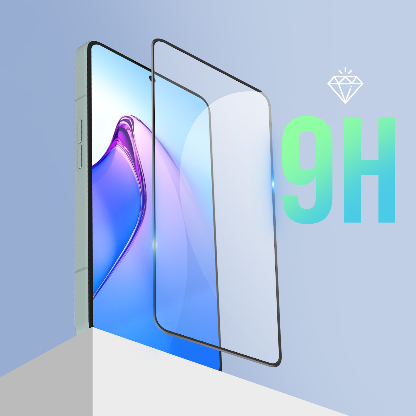 Smartphone avec protection d'écran appliquée et étiquette 9H.