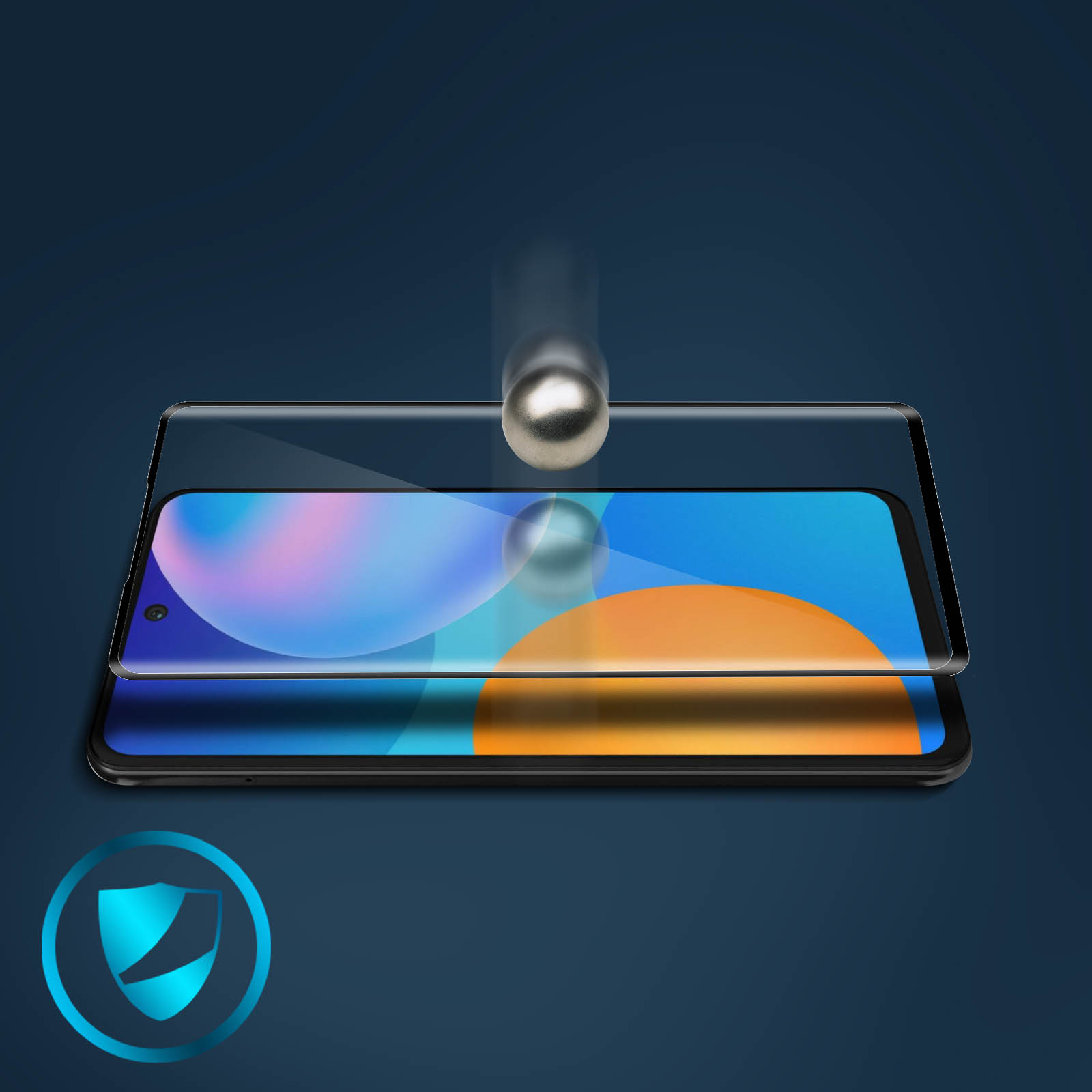 Een telefoon screenprotector met een scherm en een chroom bal die erop valt.