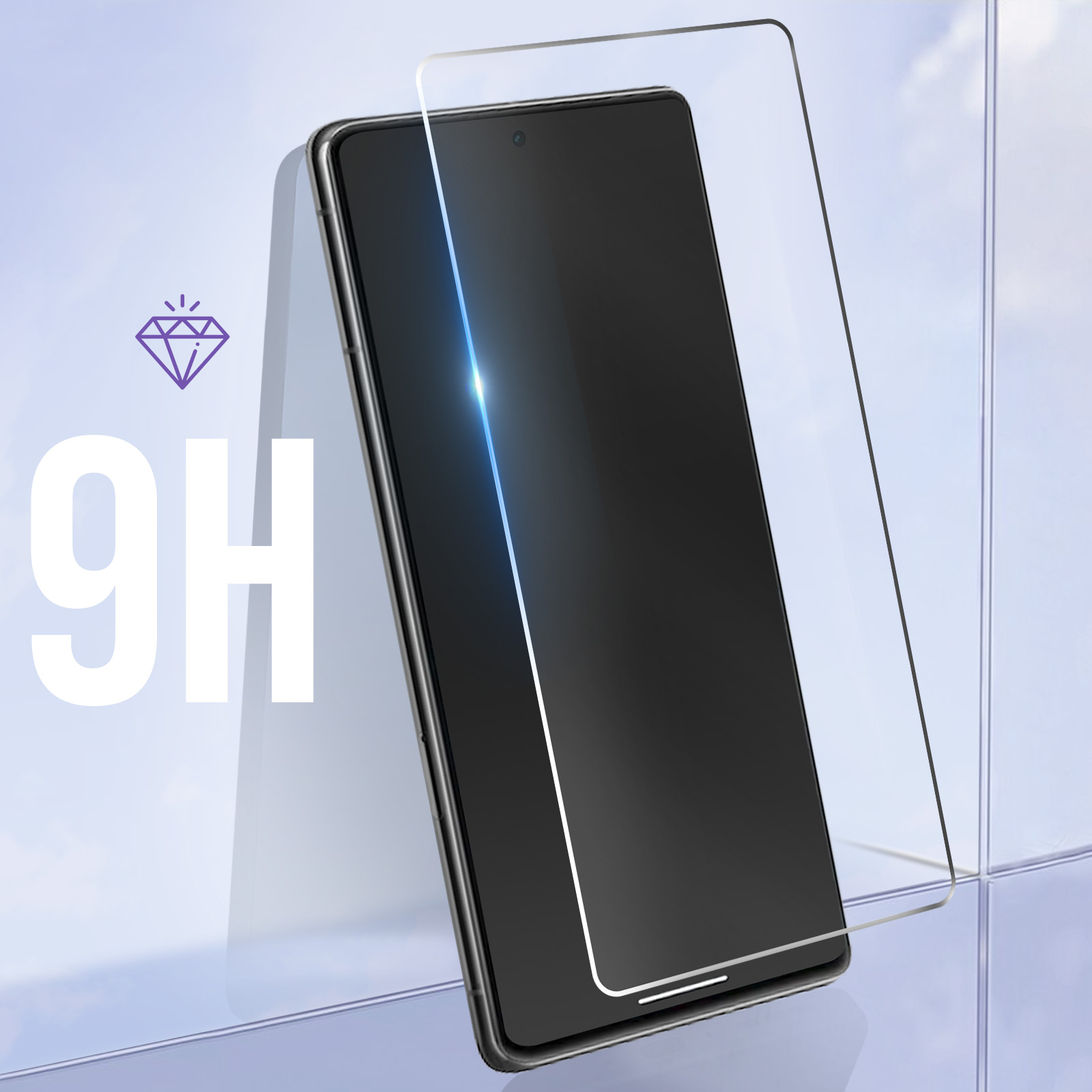 Un téléphone avec protecteur d'écran et icône de diamant, avec un fond de ciel bleu.