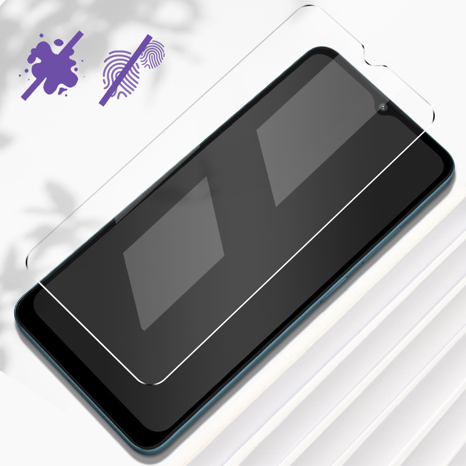 Téléphone avec un protecteur d'écran. Le protecteur est transparent et appliqué sur l'écran du téléphone.