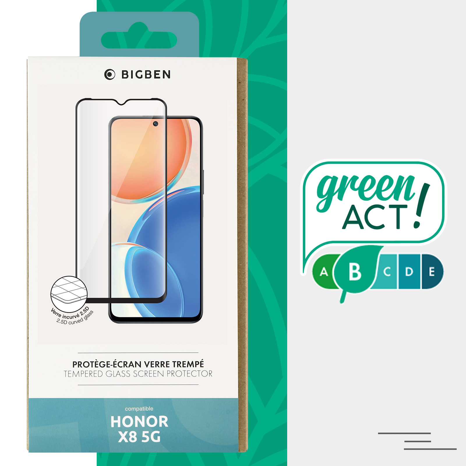 Une boîte pour un protecteur d'écran en verre trempé pour Honor X8 5G. La boîte est blanche avec une image du téléphone.