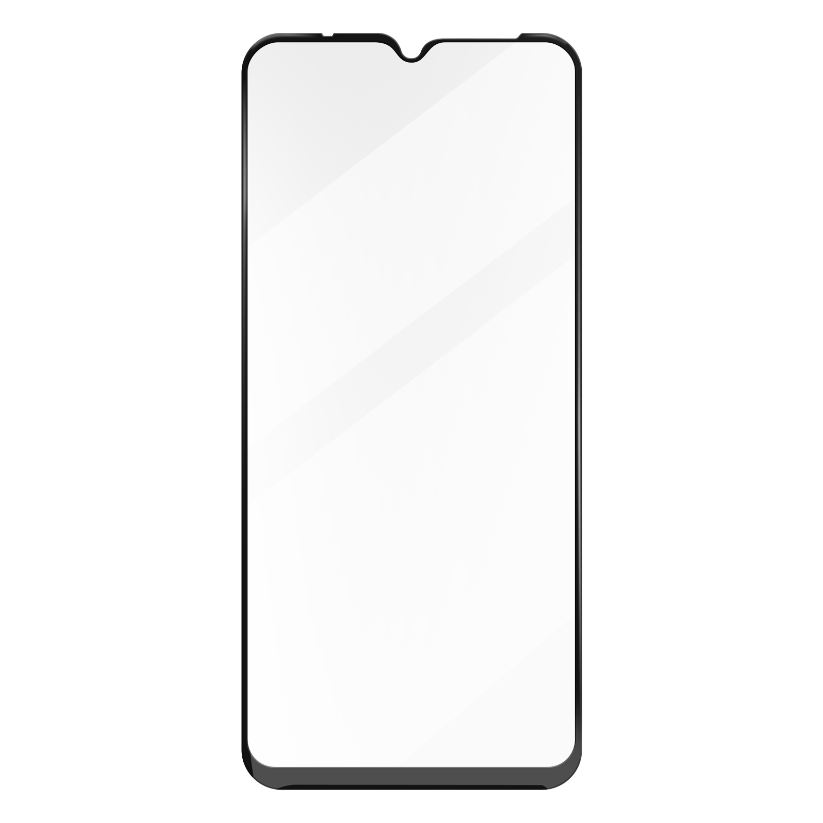 Transparante schermbeschermer voor een telefoon. Zwarte randen, met camera inkeping.