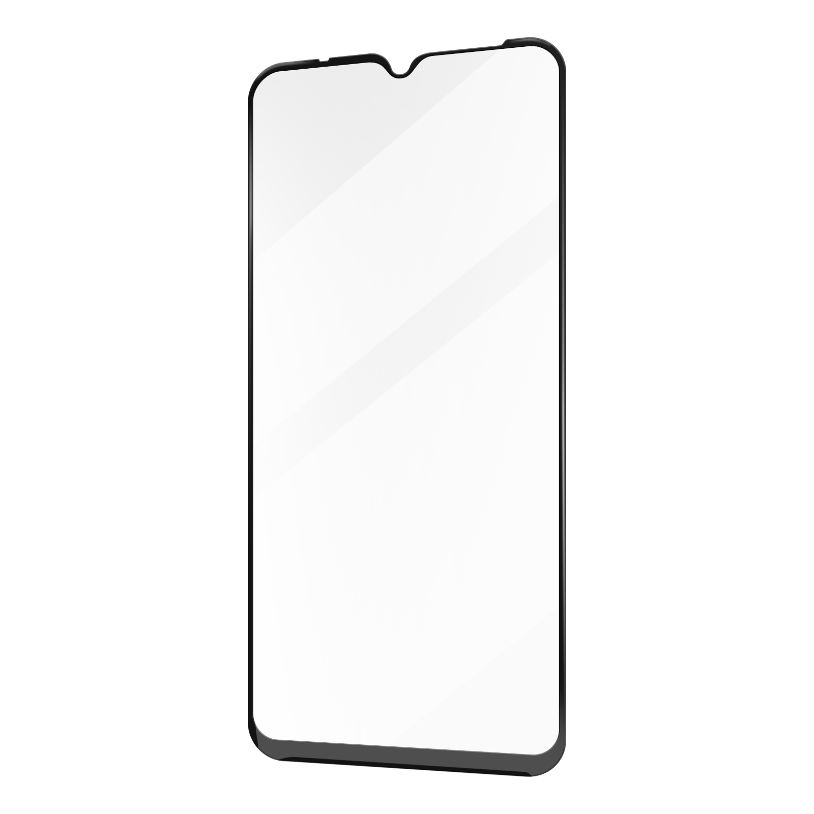 Telefoonschermbeschermer. Het is zwart, met een cameragat. Witte achtergrond.