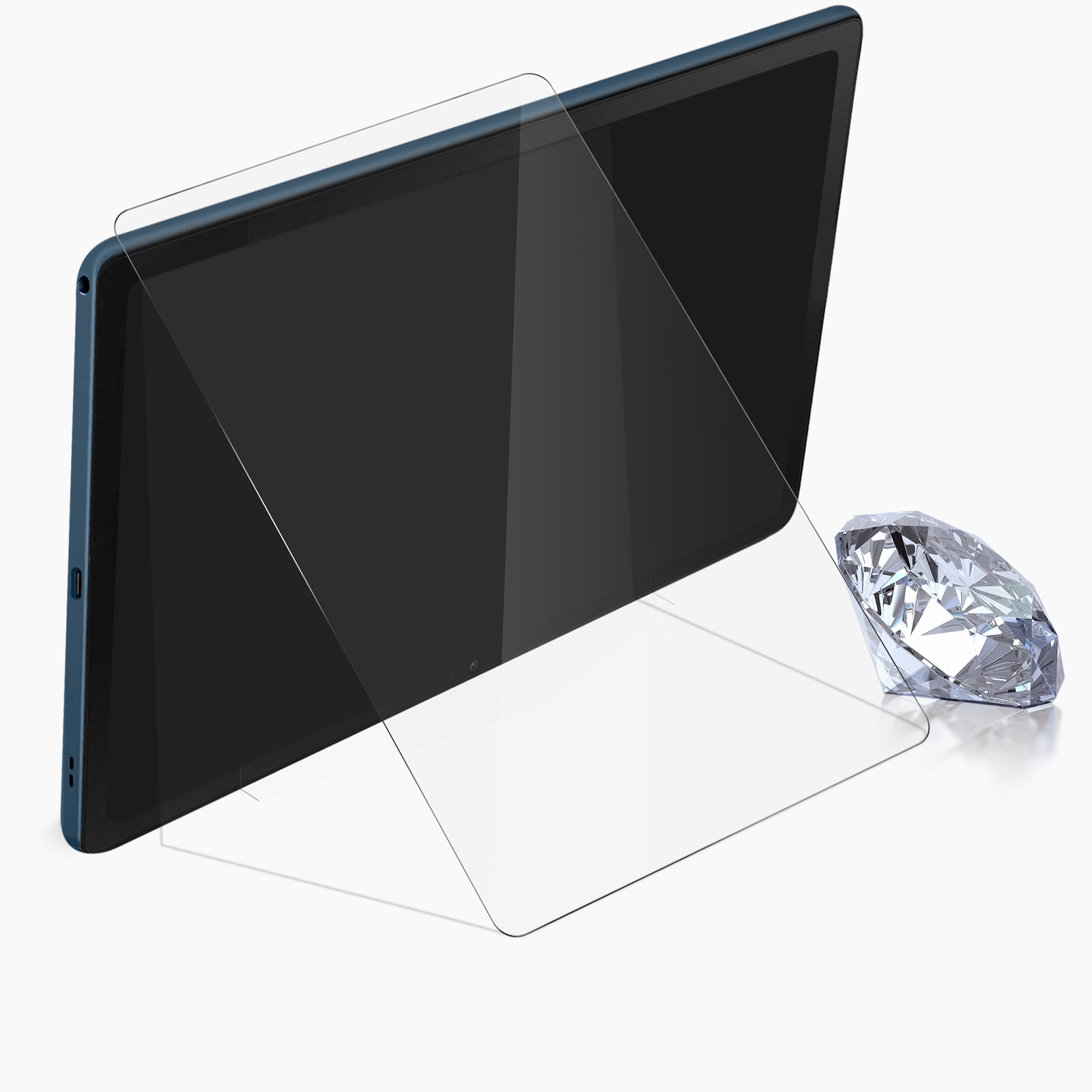 Tableta con protector de pantalla junto a un diamante. La tableta es azul con pantalla negra.