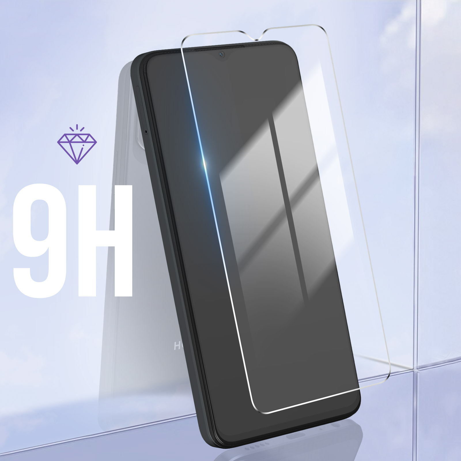 Smartphone con protezione schermo e icona diamante 9H. Il telefono è appoggiato a uno sfondo.
