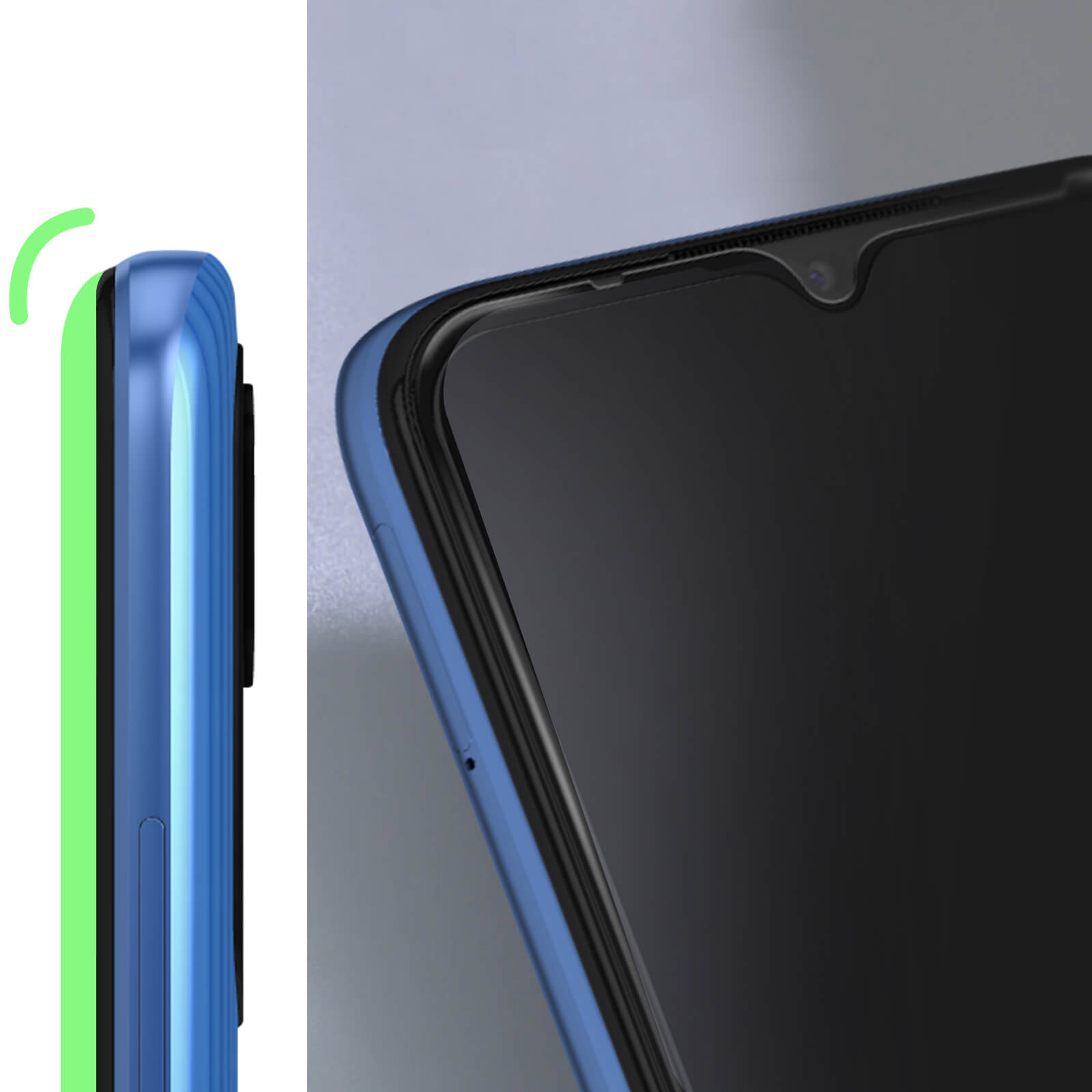 Téléphone avec protection d'écran installée. Cadre de téléphone bleu et écran noir. Bord vert sur le côté gauche.