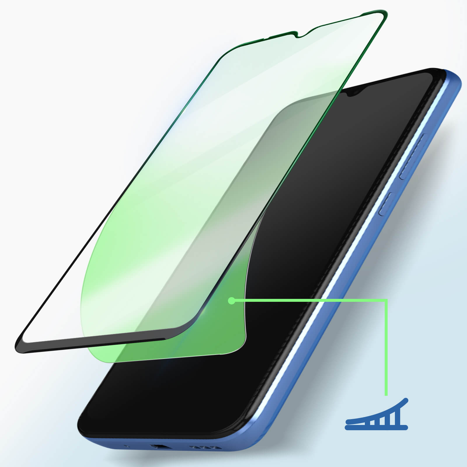 Protecteur d'écran de téléphone appliqué sur un téléphone. Montre une couche verte en cours d'application.