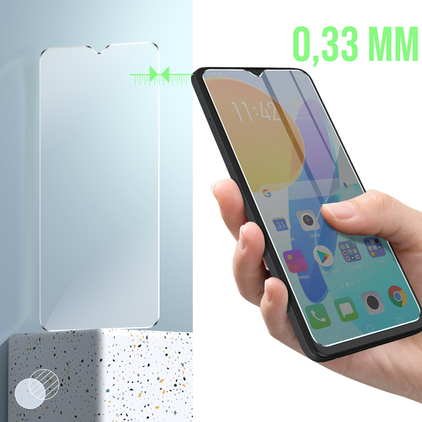Un telefono con una protezione per lo schermo e il testo '0,33 MM' accanto. Una mano tiene il telefono.