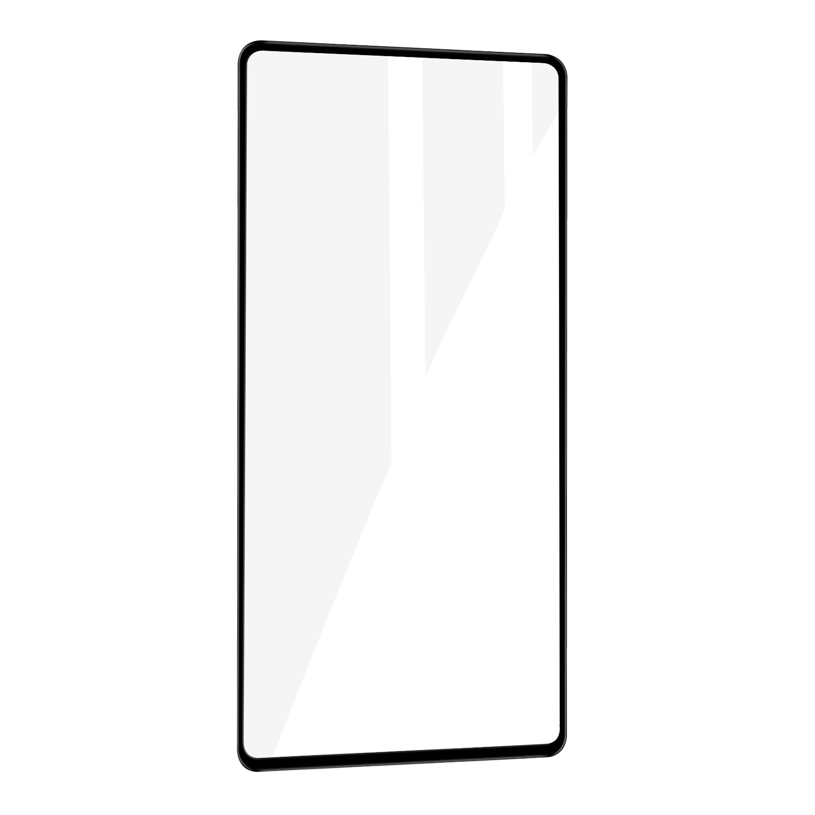 Un protecteur d'écran transparent pour un téléphone, avec un cadre noir. Il est isolé sur fond blanc.