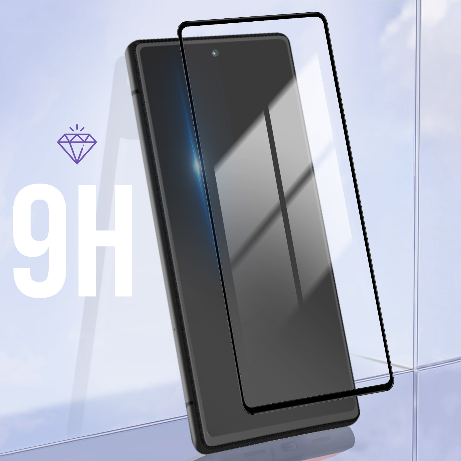 Téléphone noir avec protection d'écran. Le protecteur est transparent et se trouve sur le téléphone noir. Le texte blanc indique '9H'.