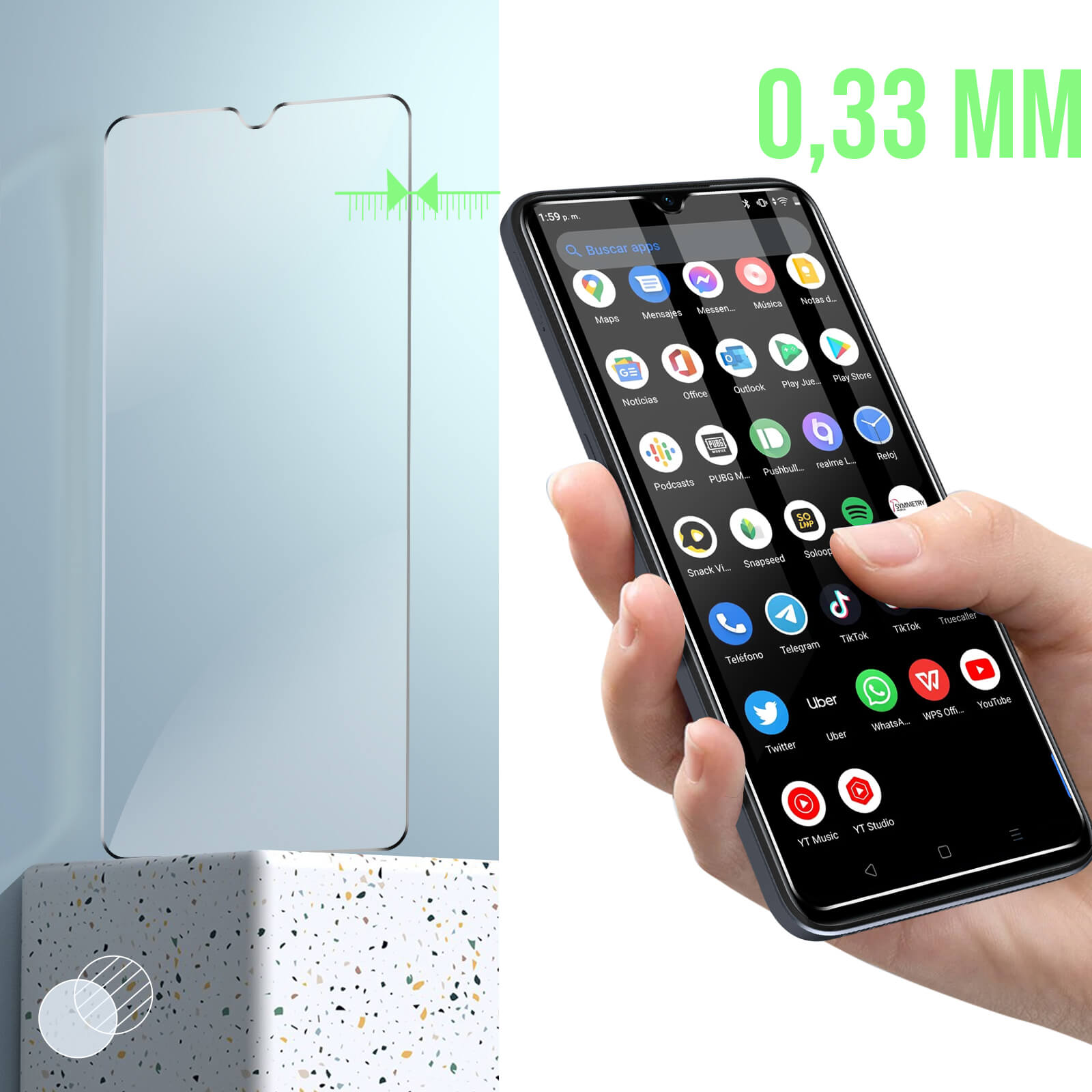 Een telefoon met schermbeschermer. Een hand houdt de telefoon vast. De beschermer is 0,33 mm dik.
