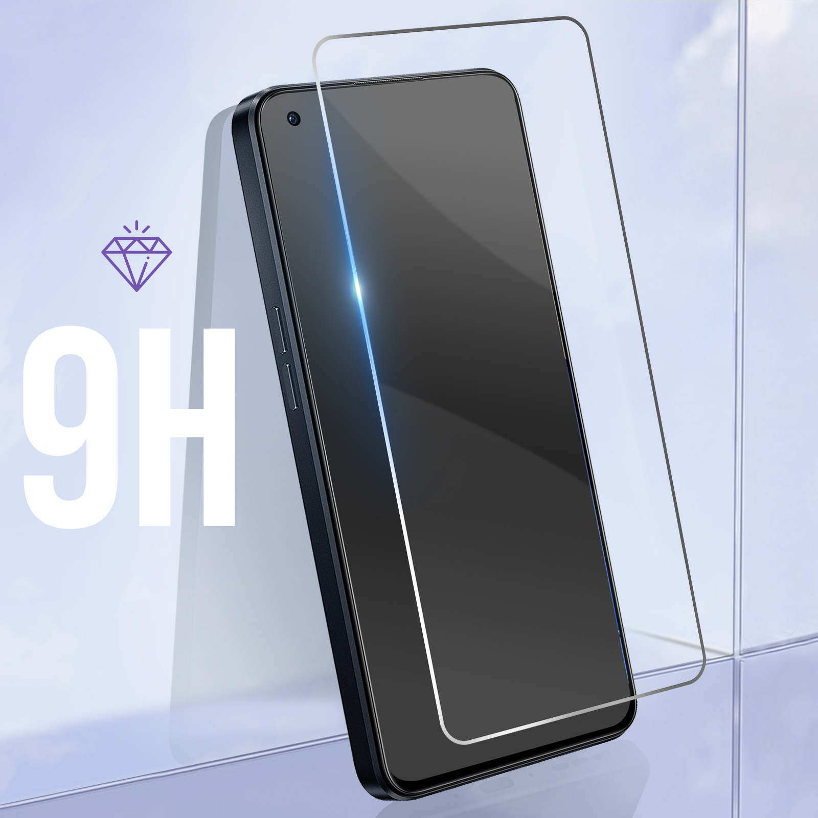 Smartphone avec protecteur d'écran appliqué, appuyé contre une surface en verre, icône diamant.