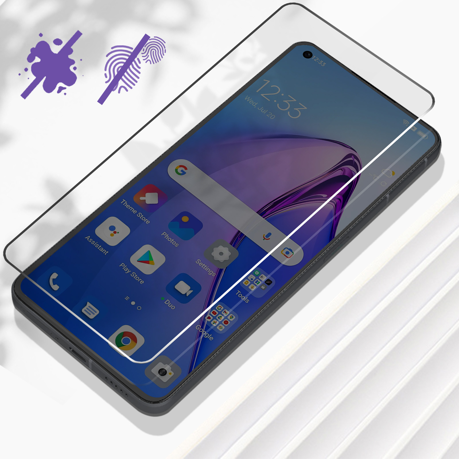 Smartphone avec protecteur d'écran. Icônes indiquent résistance aux empreintes et taches.
