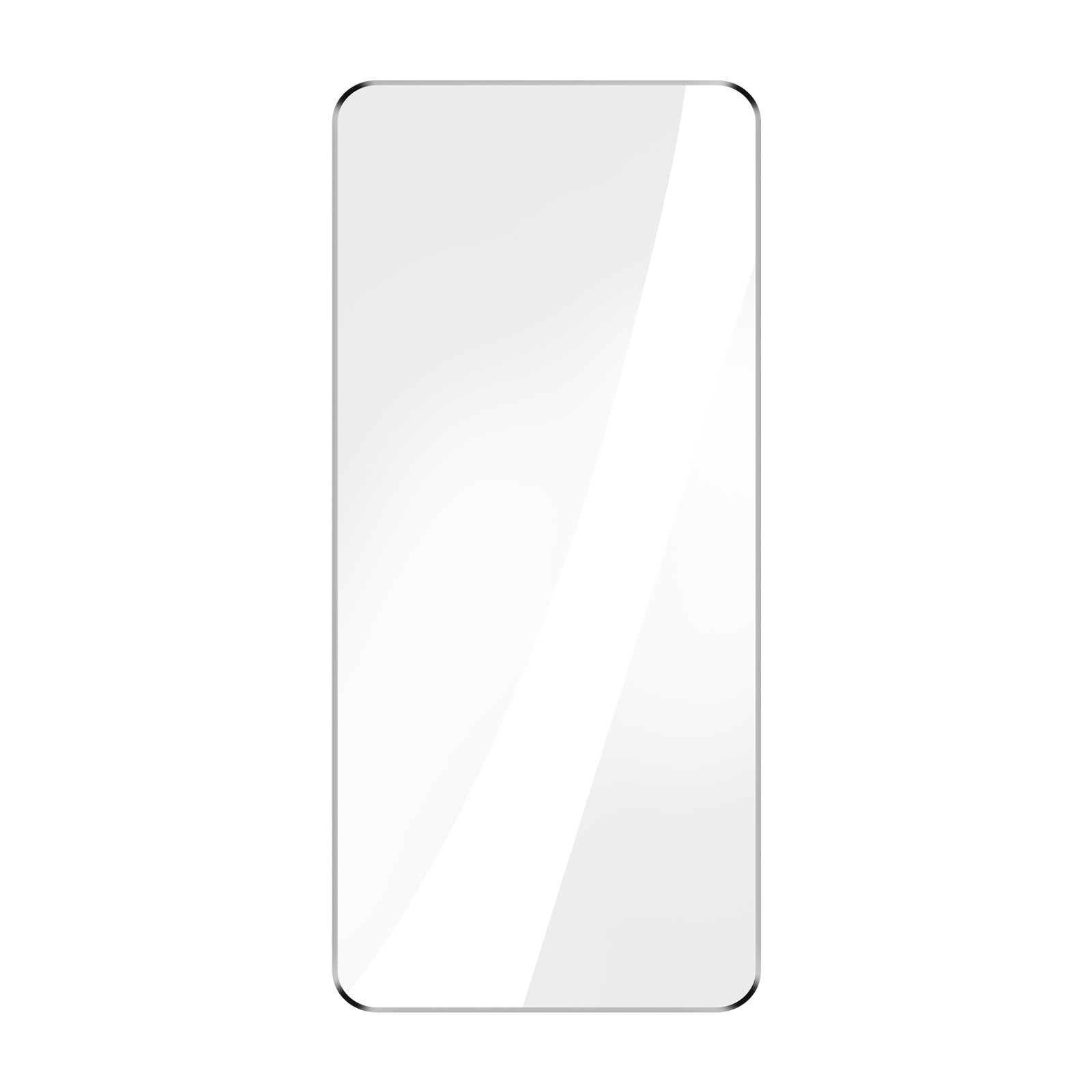 Een doorzichtige schermbeschermer met een zilveren frame, op een witte achtergrond.