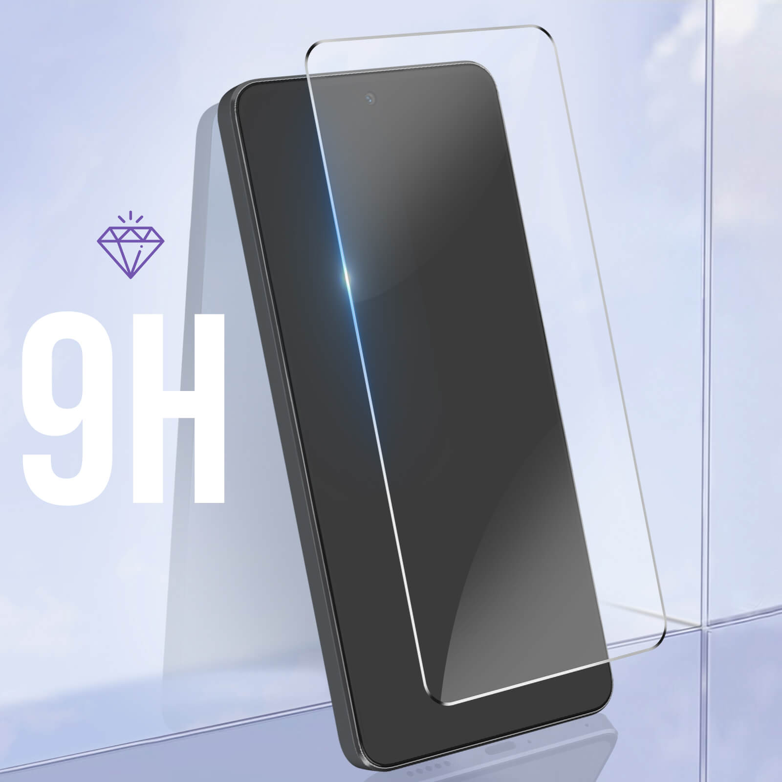 Un smartphone avec un protecteur d'écran, avec un diamant et le texte '9H' à gauche.
