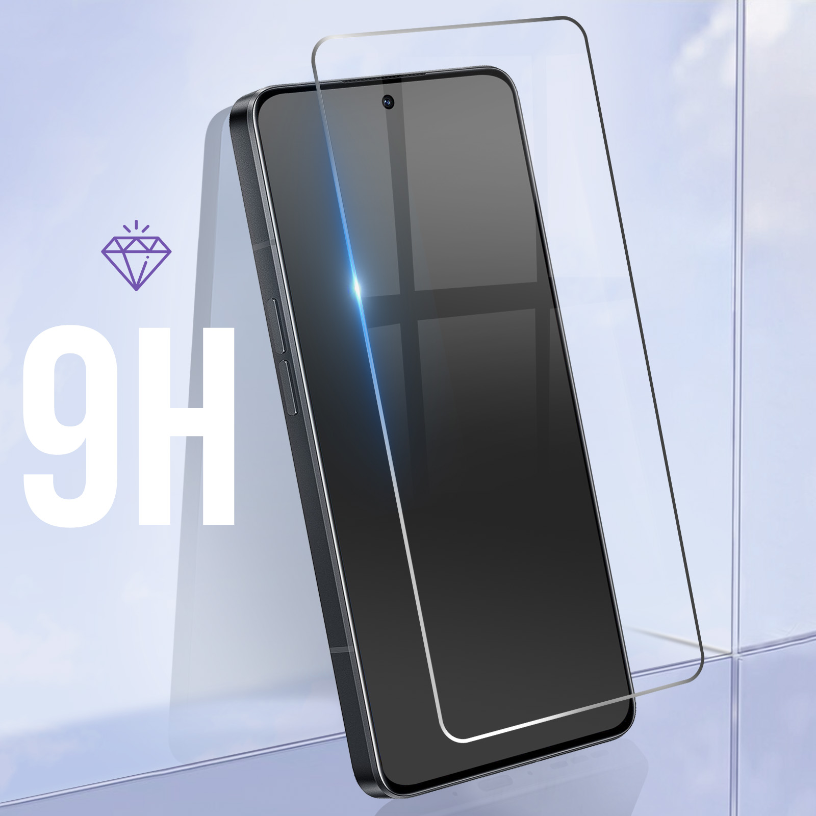Un smartphone avec un protecteur d'écran. Le téléphone est noir avec un protecteur transparent. La marque 9H est visible.