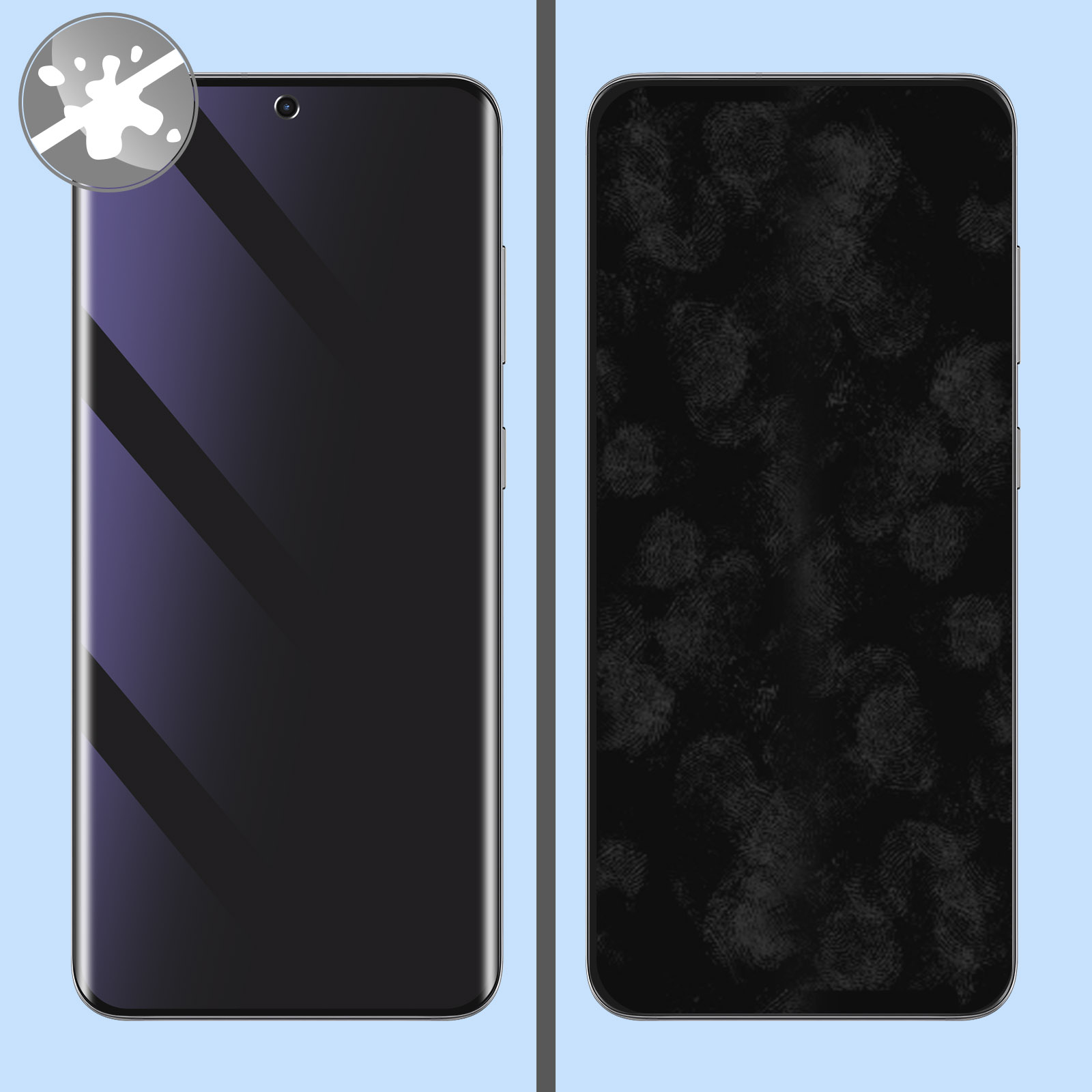 Due smartphone affiancati. Uno pulito, l'altro coperto di impronte digitali. Un'icona a forma di spruzzo è nell'angolo in alto a sinistra.