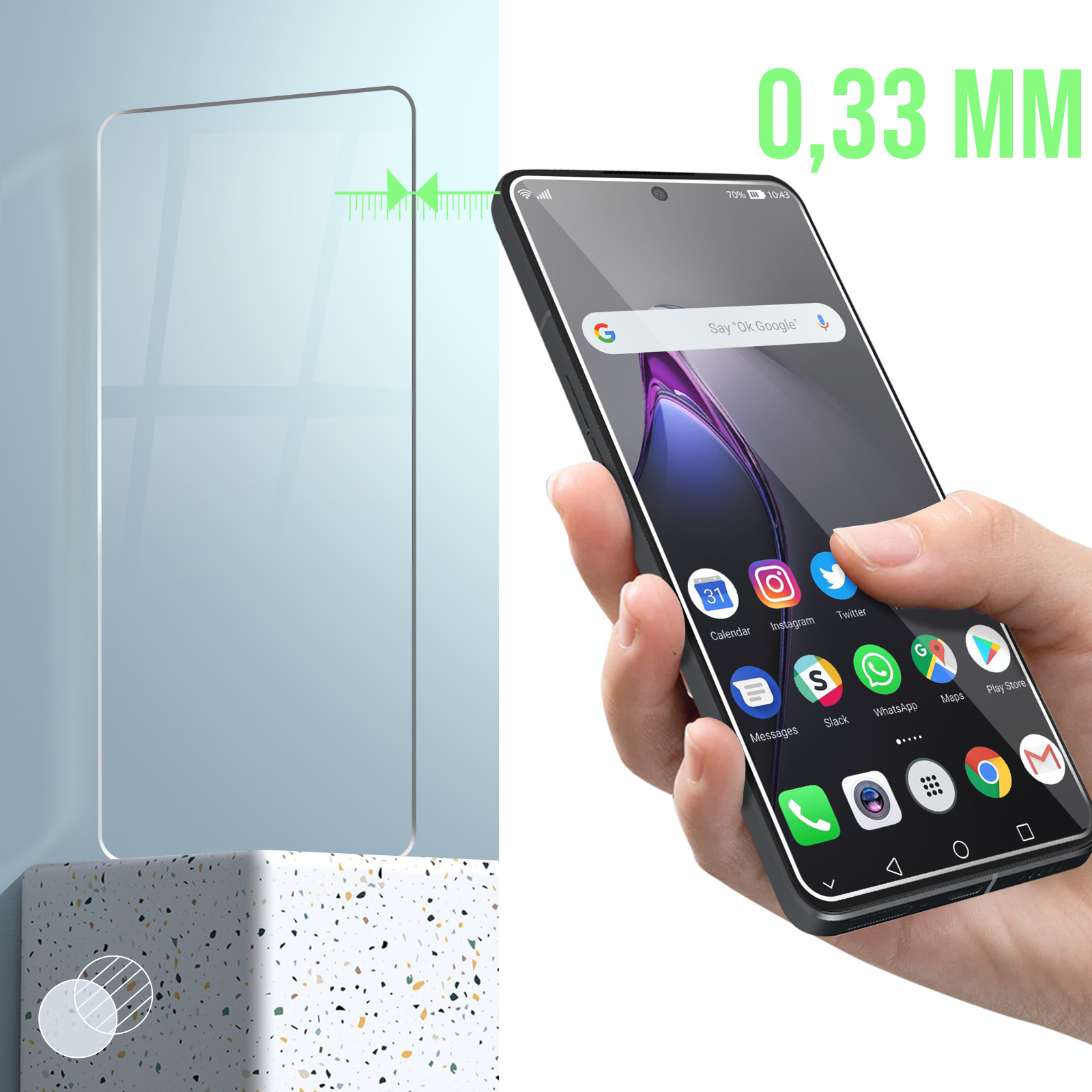 Smartphone met schermbeschermer. De telefoon toont apps. De beschermer is links.