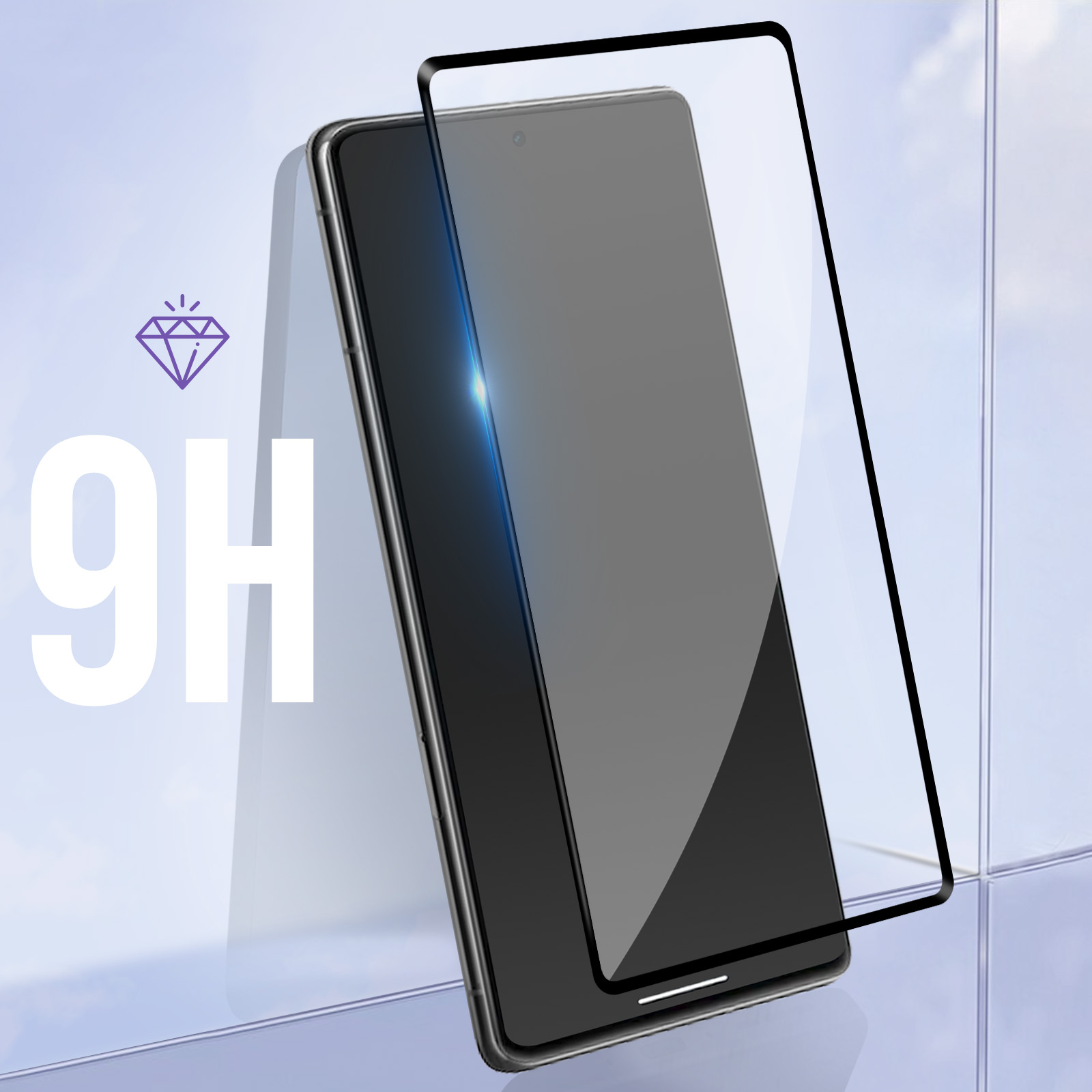 Uno smartphone con un proteggi schermo applicato, con il testo '9H' e un simbolo di diamante.