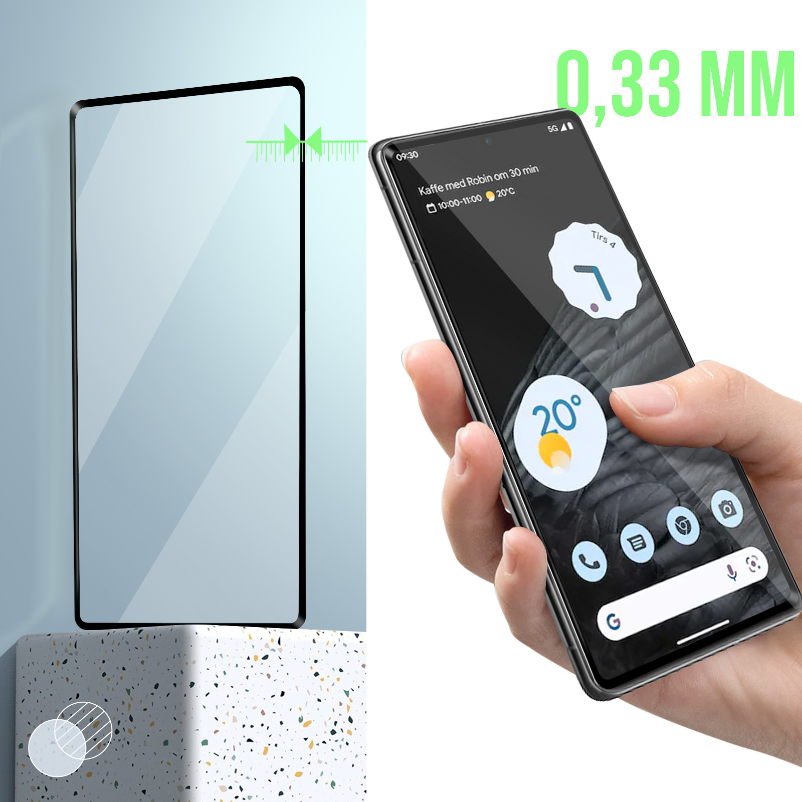 Pellicola protettiva per schermo di smartphone accanto a un telefono che mostra ora, data e temperatura, con testo di 0,33 mm.