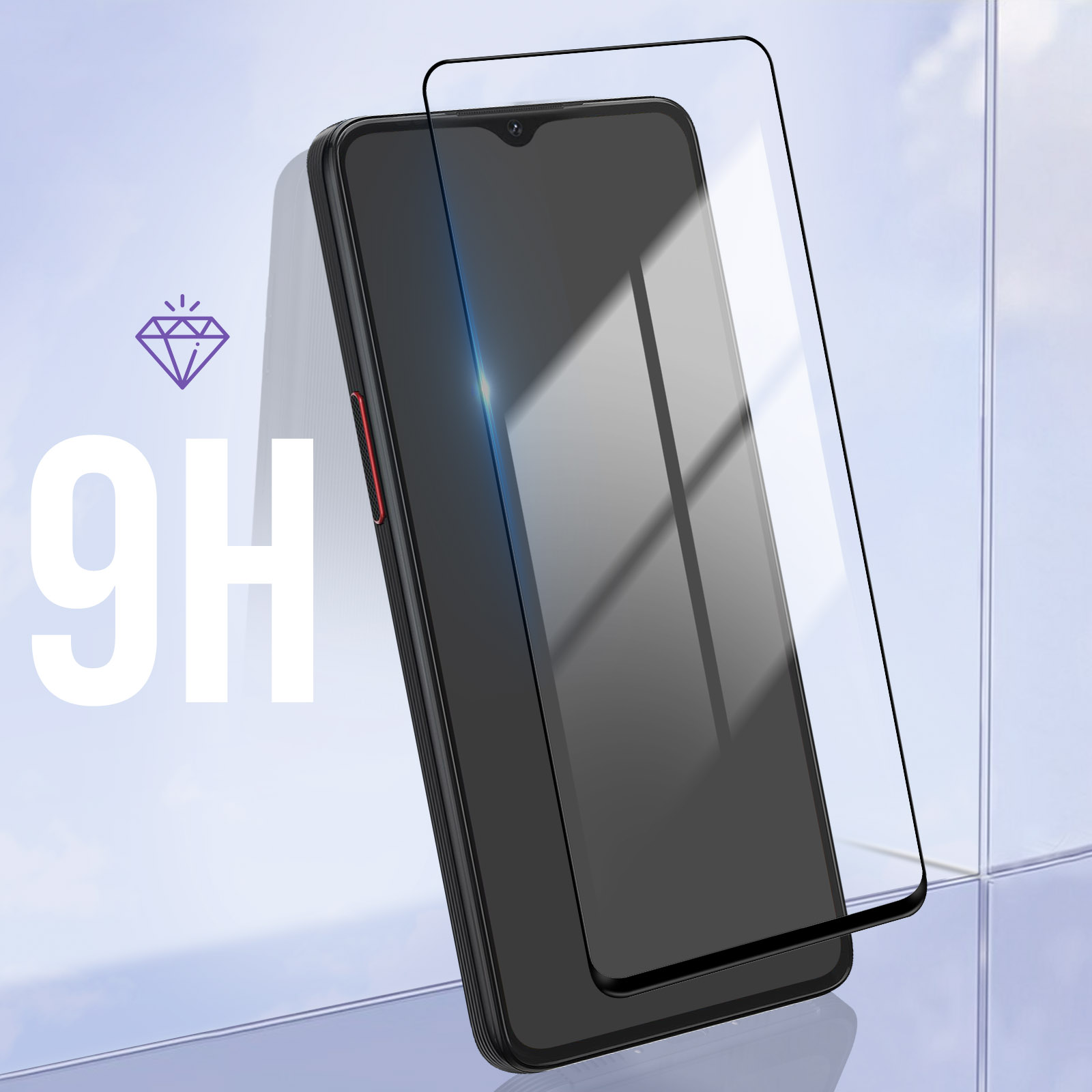 Zwarte smartphone met schermbeschermer op lichte achtergrond, met diamantsymbool en nummer 9H.