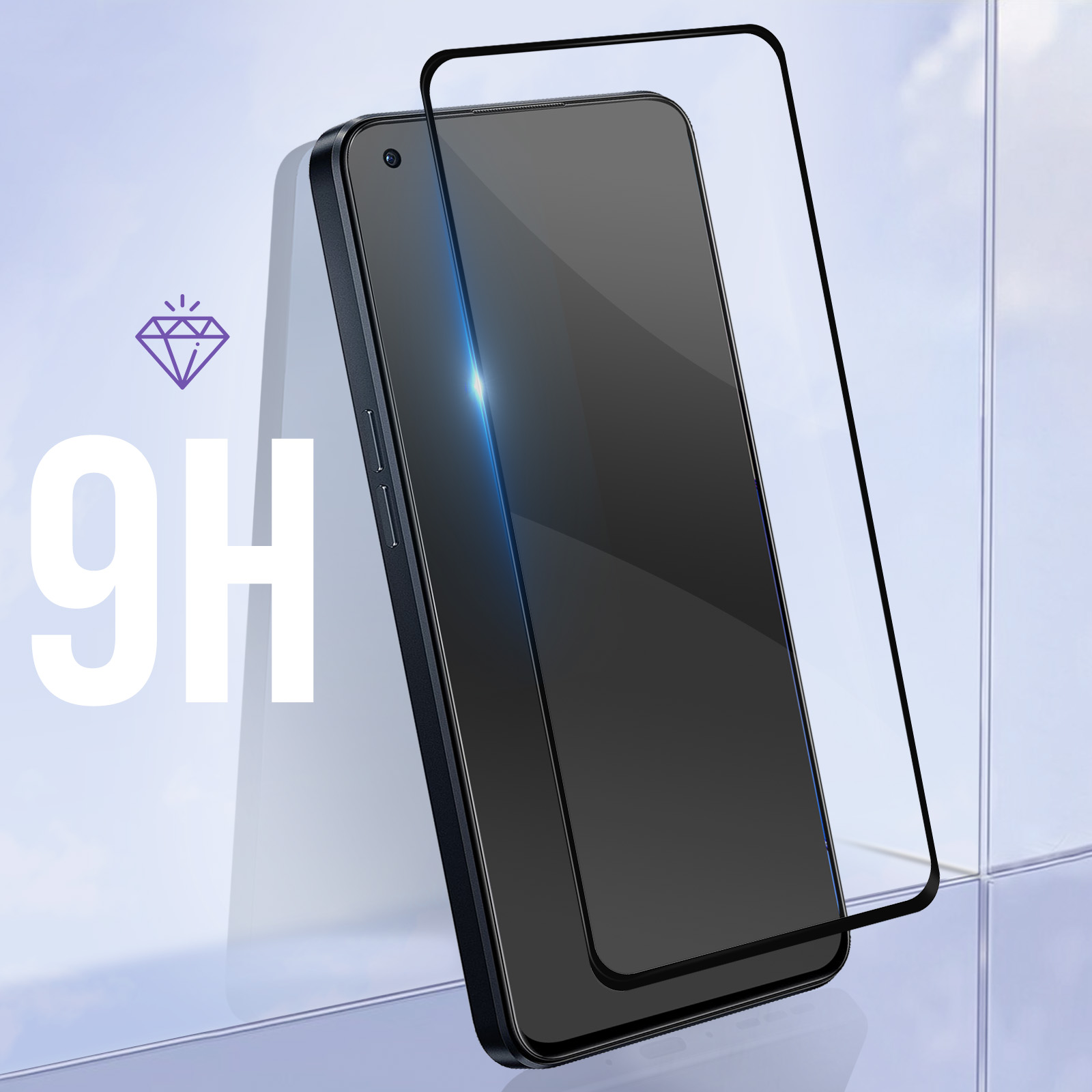Smartphone con protezione schermo. Etichetta 9H e icona diamante a sinistra.