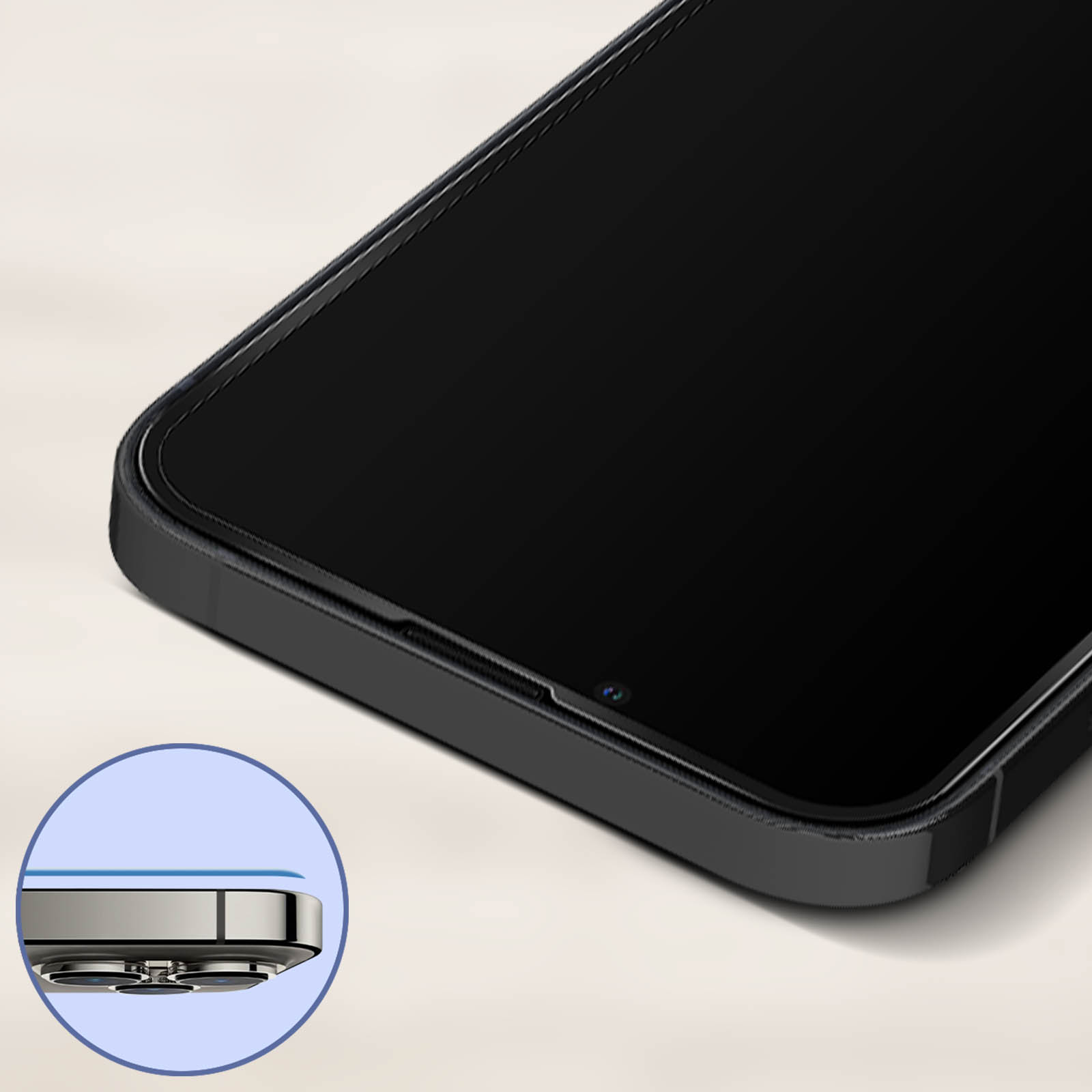 Un primo piano di un telefono con una protezione per lo schermo. La vista si concentra sulla parte anteriore con un angolo arrotondato.