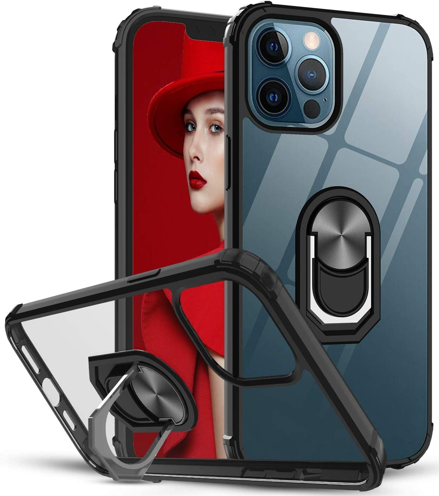 Custodia per telefono con cavalletto. Telefono nella custodia. Custodia nera con supporto ad anello.