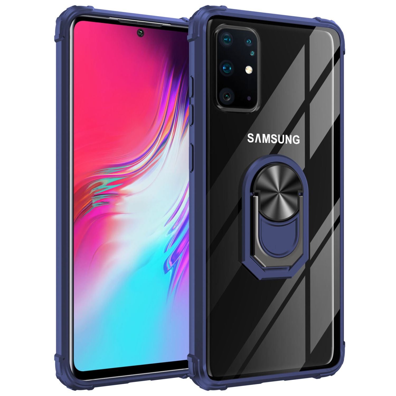 Custodia per telefono con anello. La custodia è trasparente con cornice blu e anello.