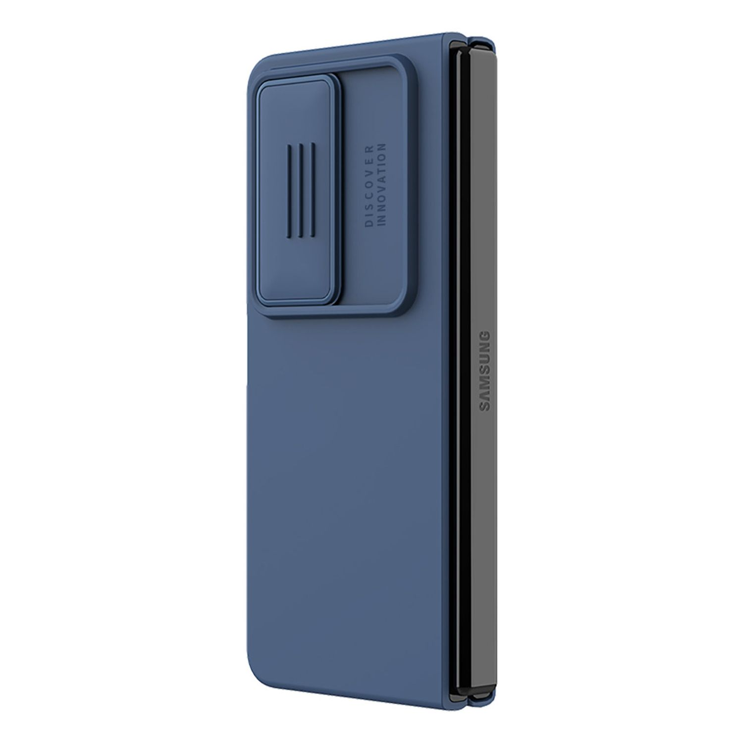 Blaue Handyhülle mit Kameraabdeckung und Samsung-Logo. Die Hülle ist blau.