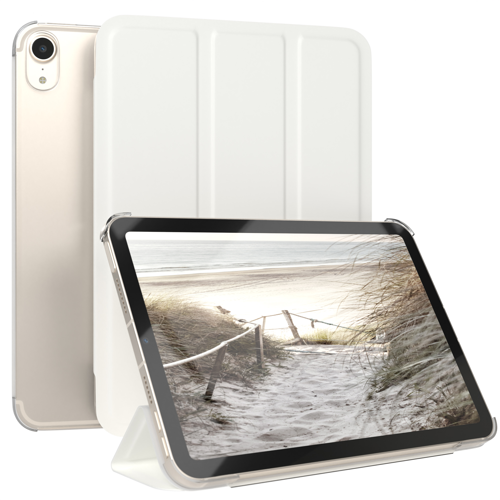 Ein weißes Tablet mit Hülle, das eine Strandszene auf seinem Display zeigt.