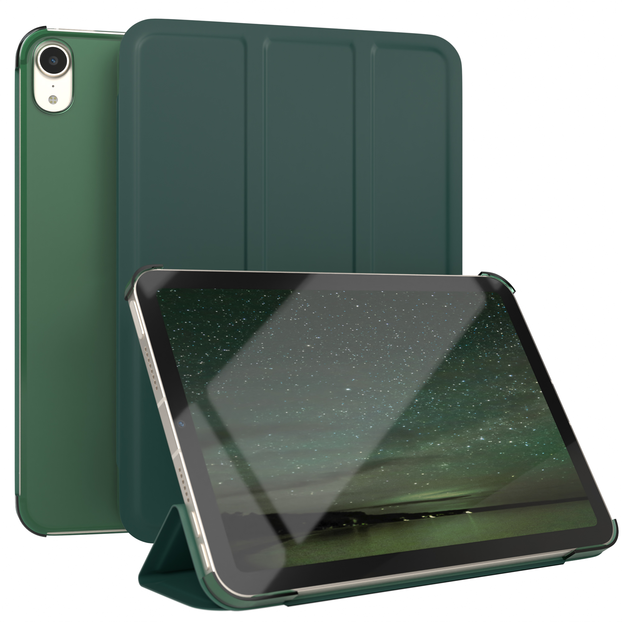 Tablet mit grüner Hülle und Ständer. Der Bildschirm zeigt eine sternenklare Nachtszene.