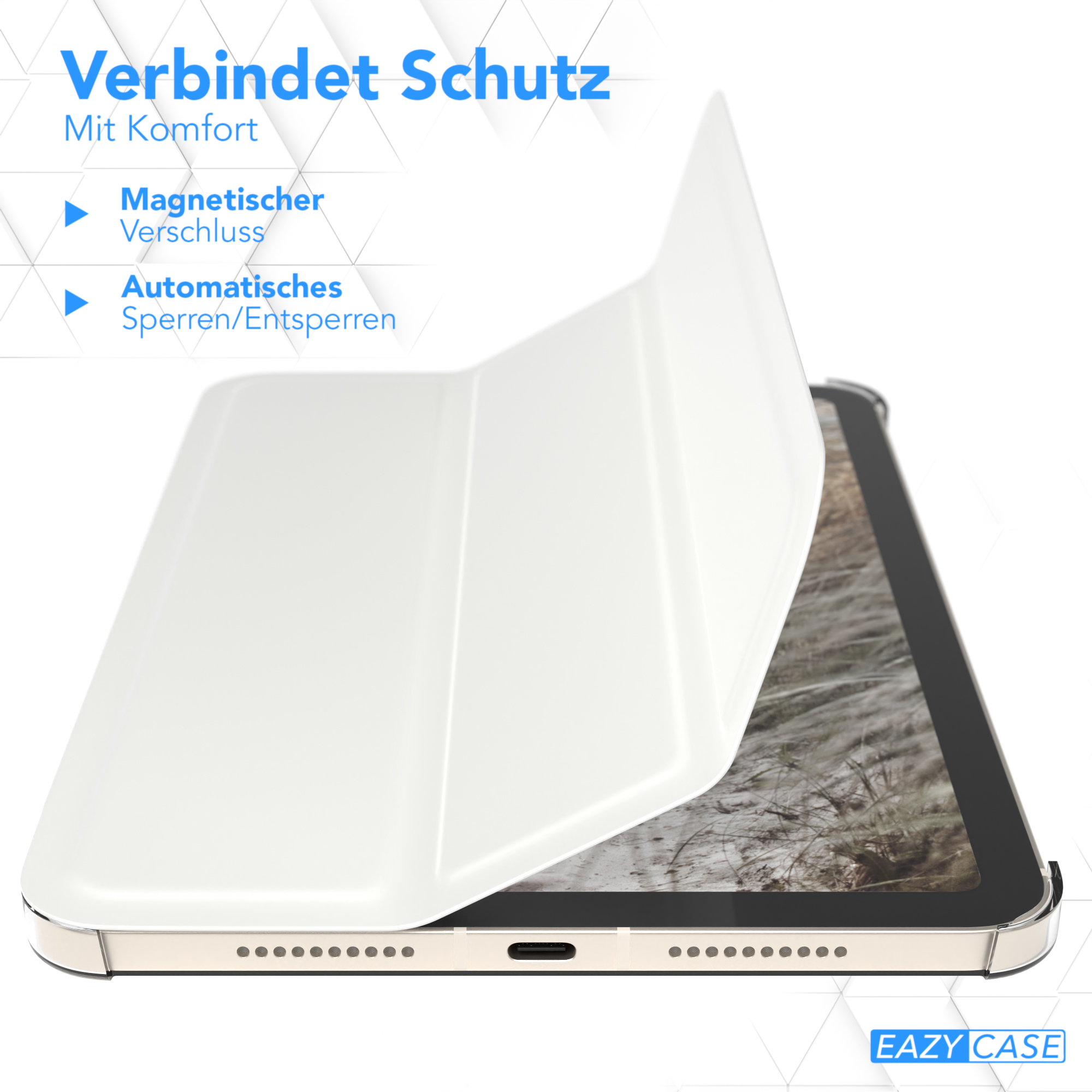 Tablet in weißem Gehäuse, mit Text über Funktionen, auf weißer Oberfläche.
