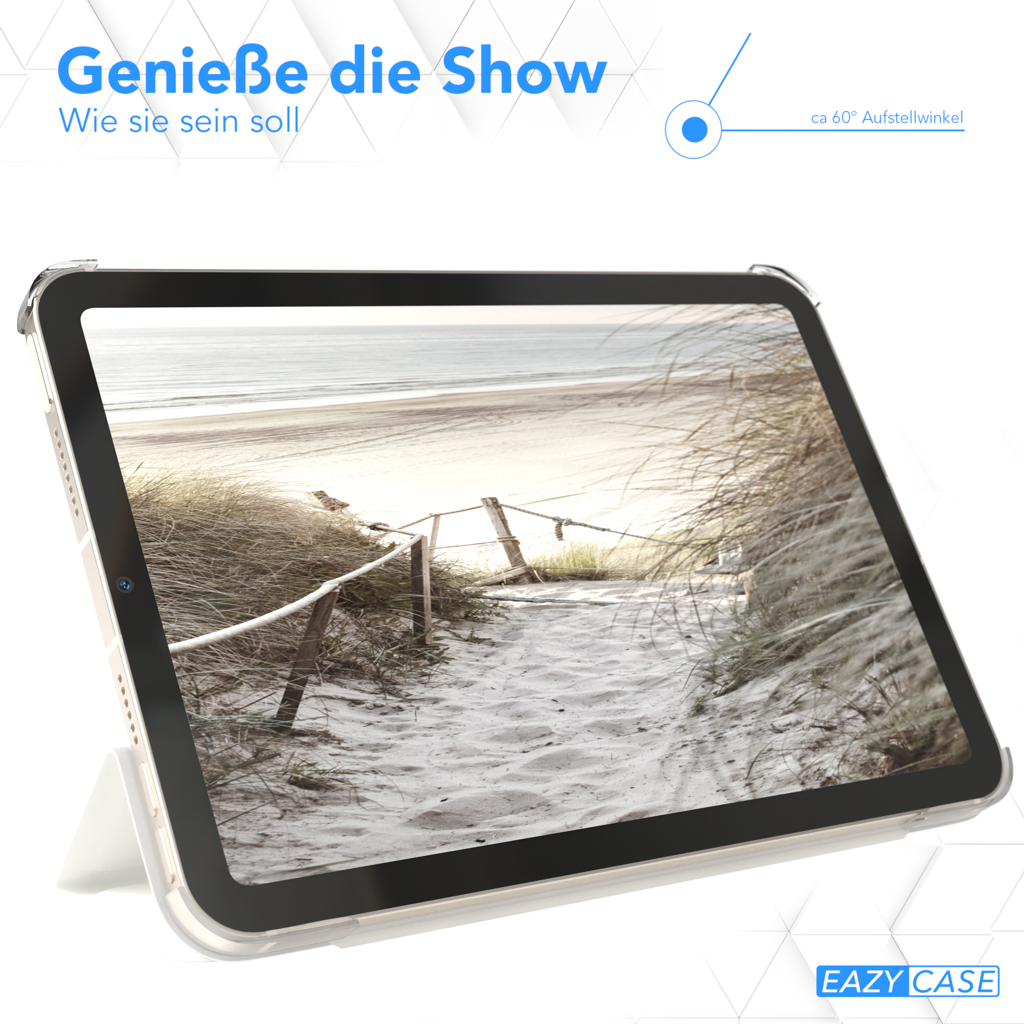 Tablet mit Strandansicht in klarer Hülle. Text: 'Genieße die Show'.