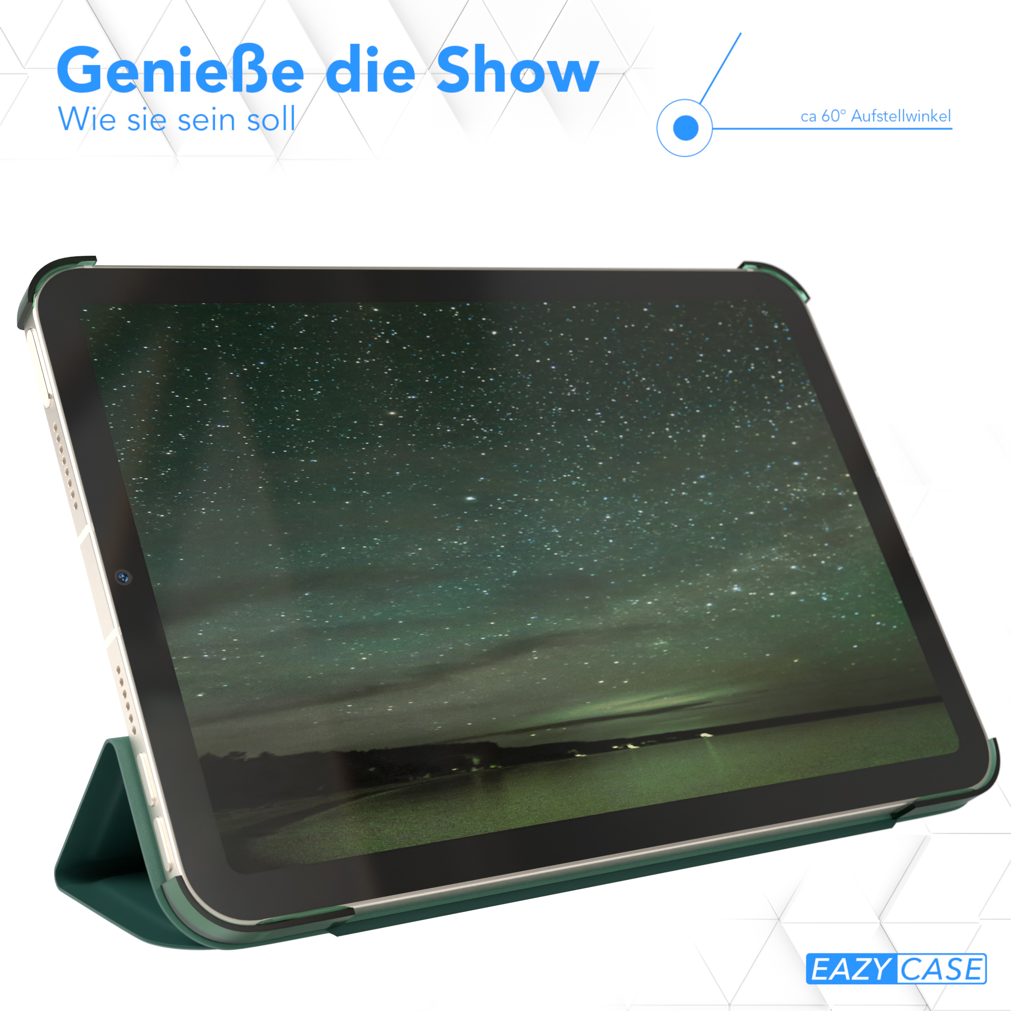 Tablet in grüner Hülle, aufgestellt. Der Bildschirm zeigt eine sternenklare Nachtszene.