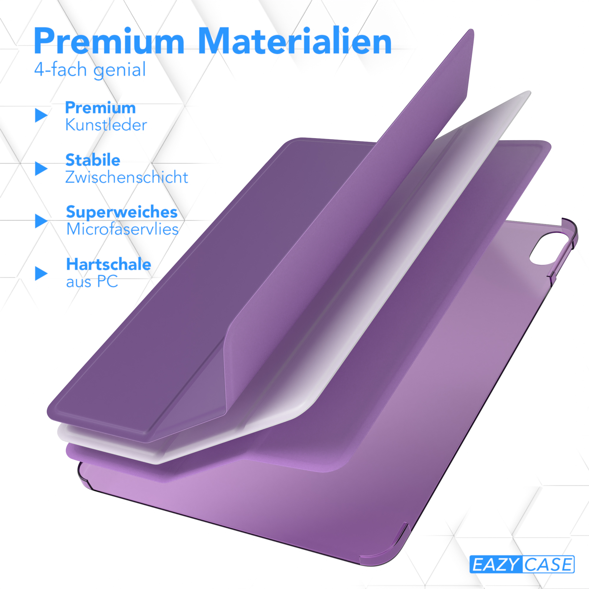 Lila Tablethülle mit Schichten: Leder, Mittelschicht, weiche Mikrofaser und PC-Hartschale.