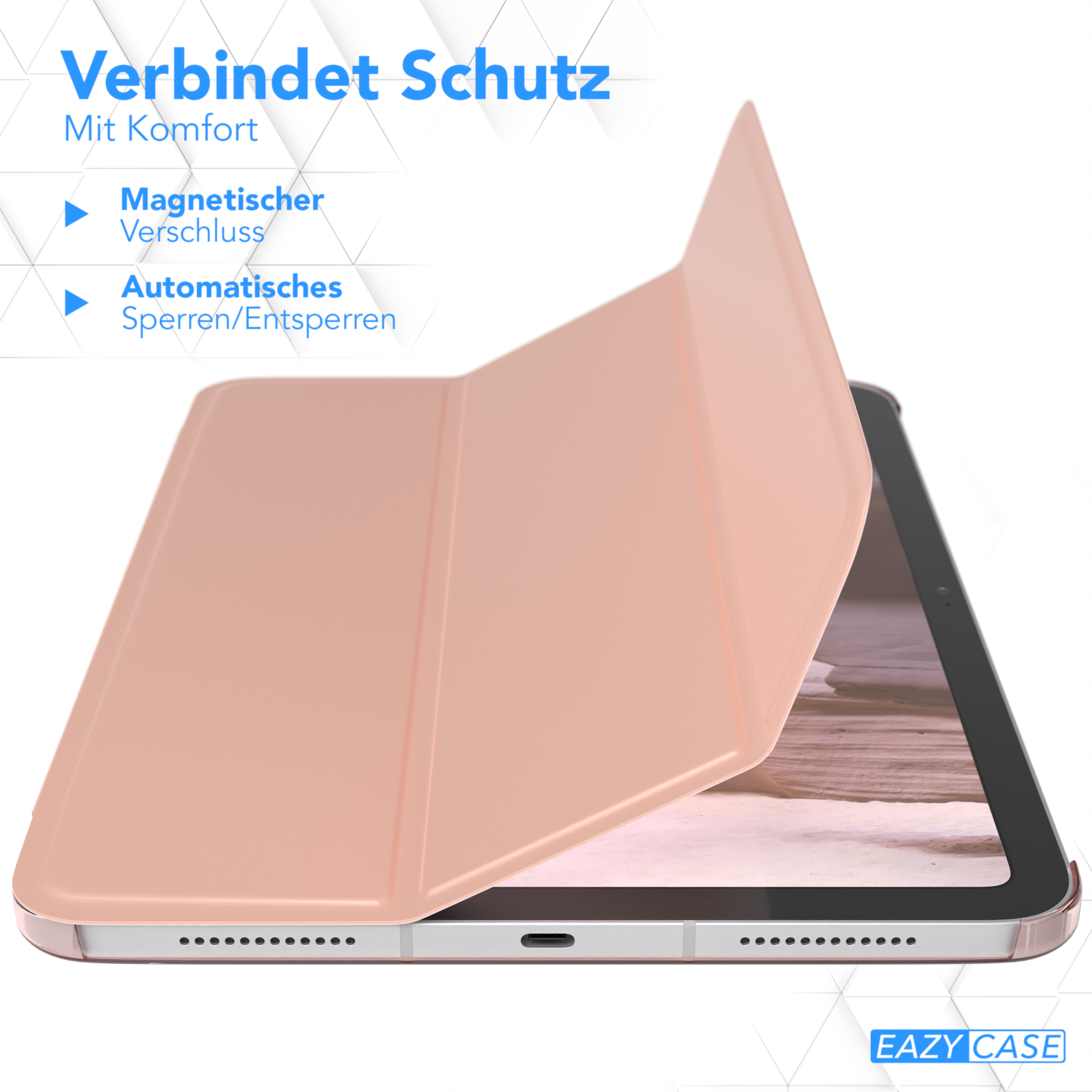 Eine rosa Tablet-Hülle, geöffnet, mit Tablet. Der Text ist auf Deutsch.