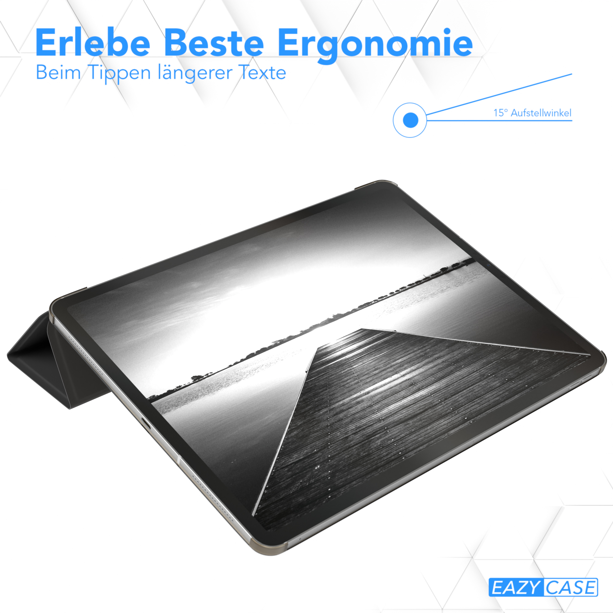 Tablet in einer Hülle mit angewinkeltem Ständer, das ein Landschaftsbild zeigt. Die Hülle ist schwarz.