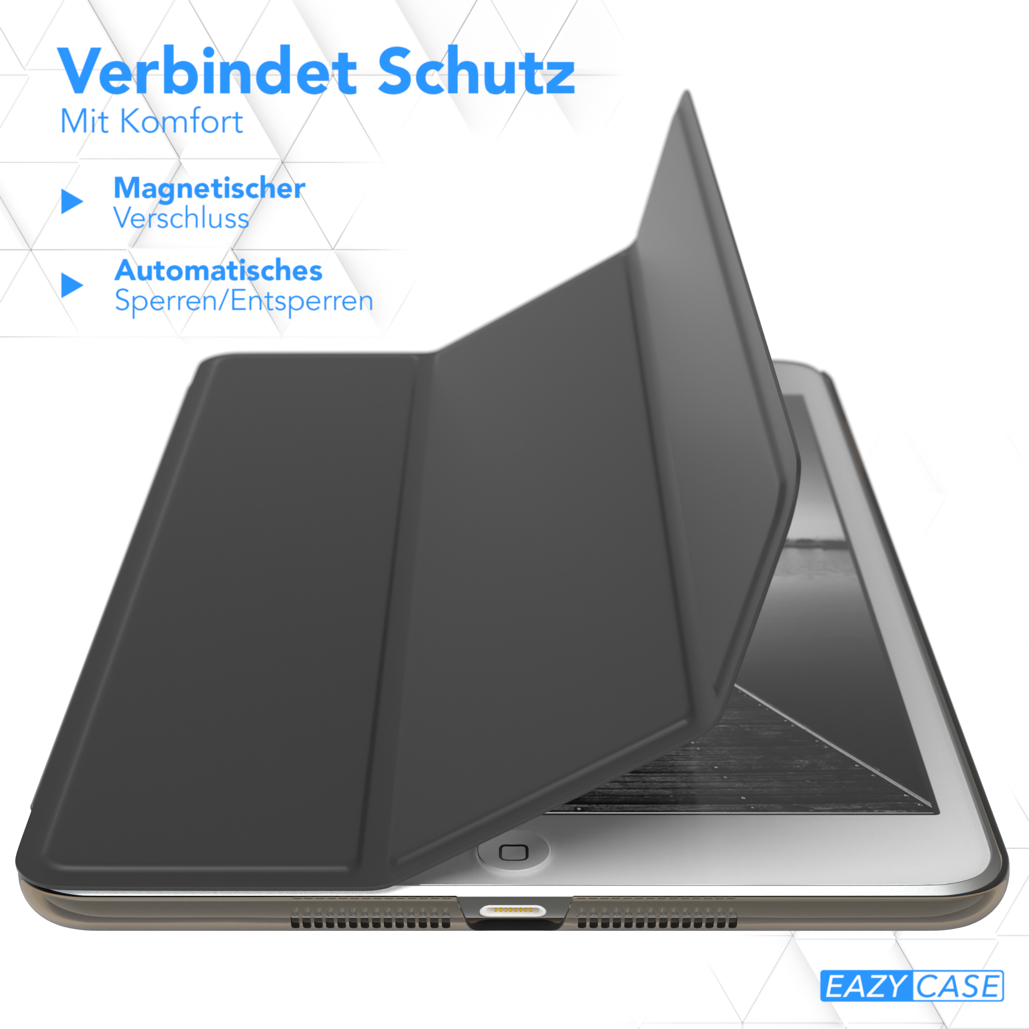 Eine schwarze Tablet-Hülle mit geöffneter Abdeckung über einem Tablet auf weißem Grund.