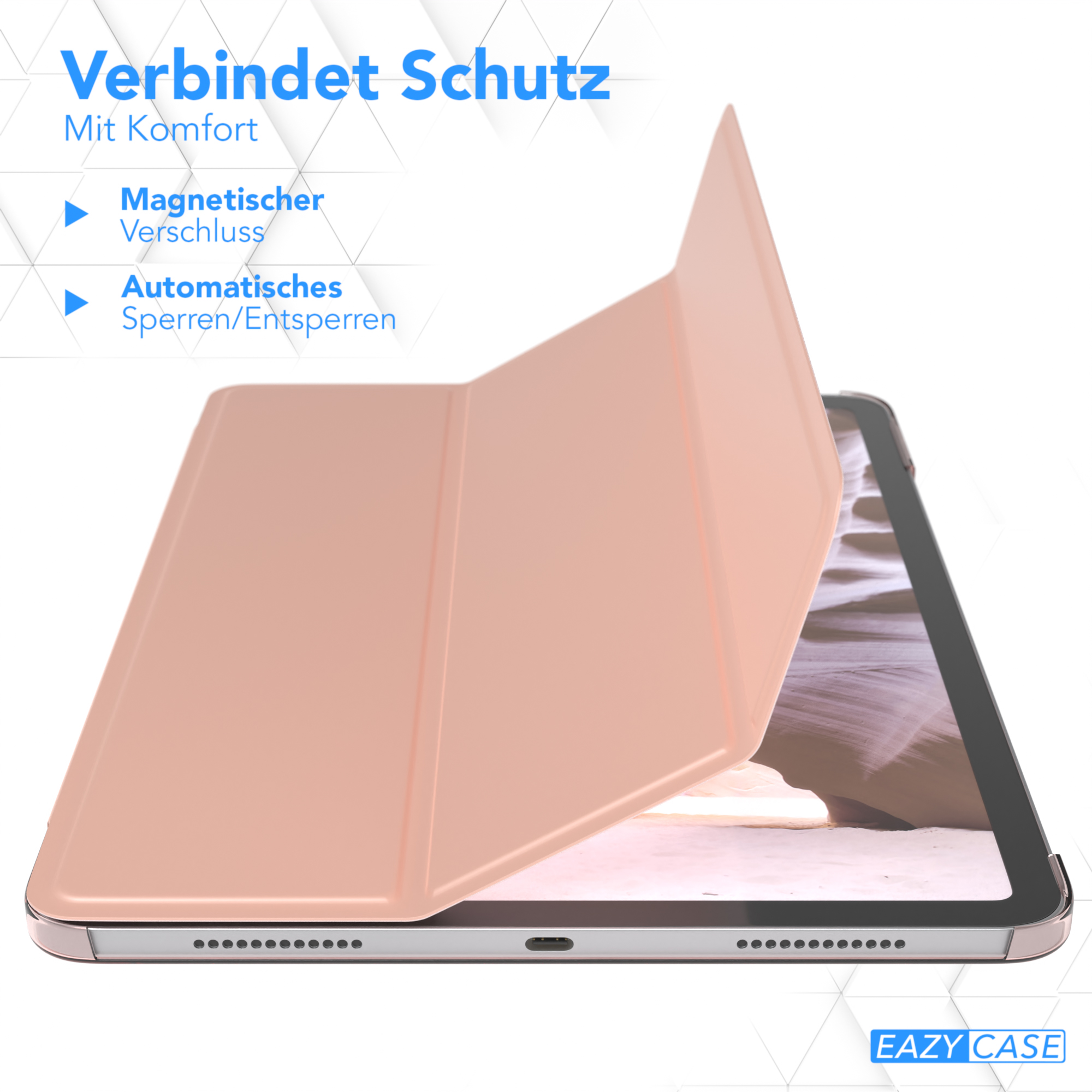 Eine pfirsichfarbene Tablethülle ist auf einem Tablet geöffnet. Text auf Deutsch weist auf Funktionen wie Magnetverschluss hin.