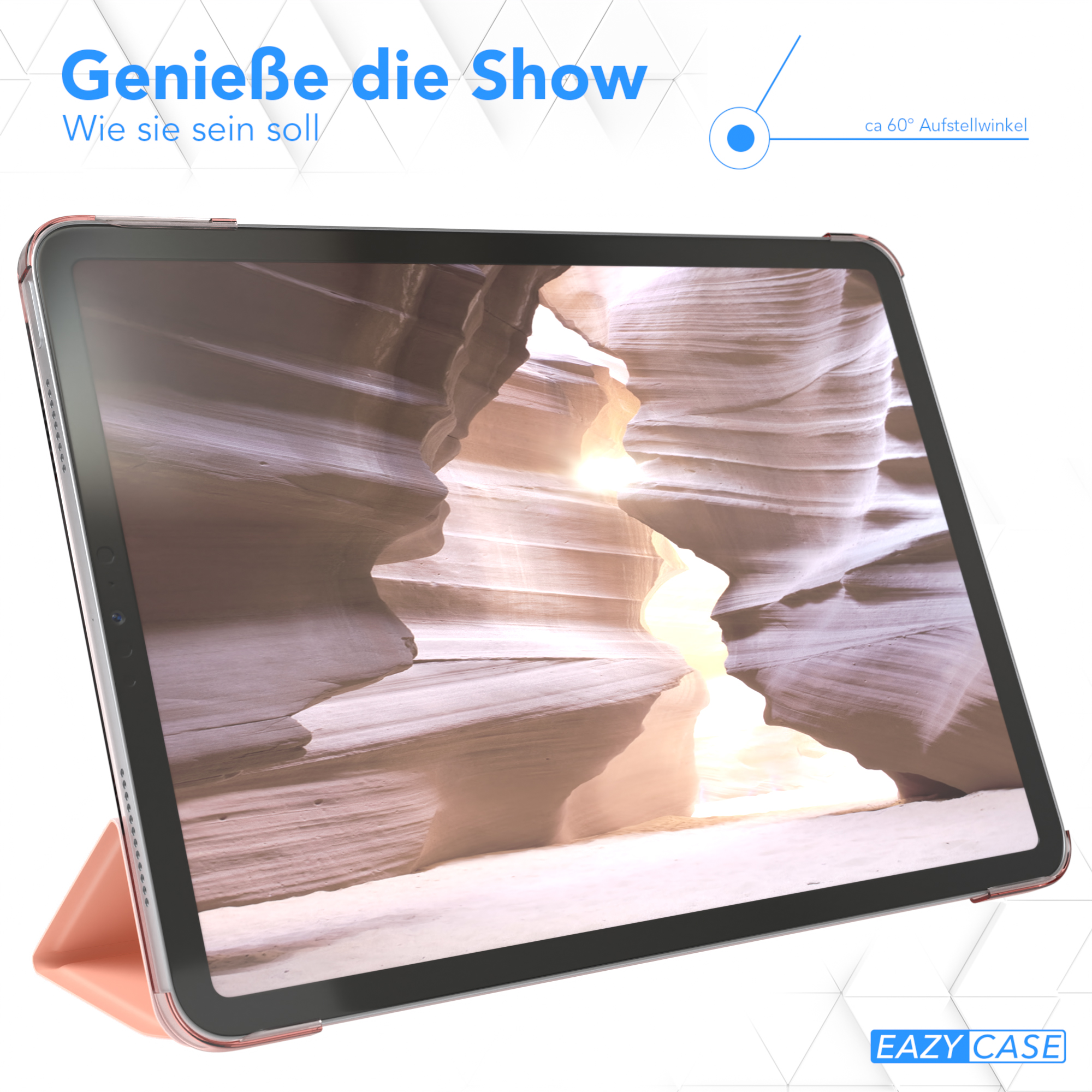 Tablet mit Hülle angewinkelt. Der Bildschirm zeigt einen Canyon. Die Hülle ist rosa. Text Genieß die Show steht oben.