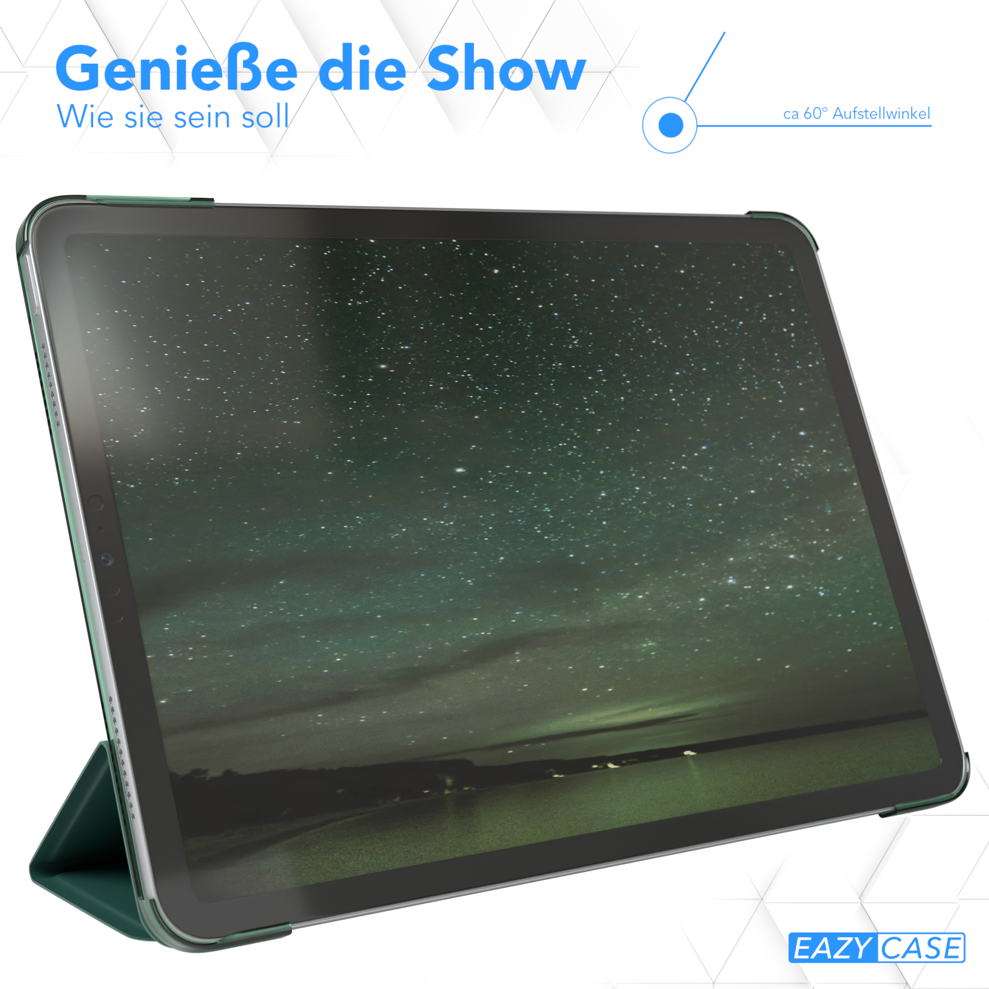 Ein Tablet mit grünem Gehäuse zeigt eine sternenklare Nacht auf weißem Grund.