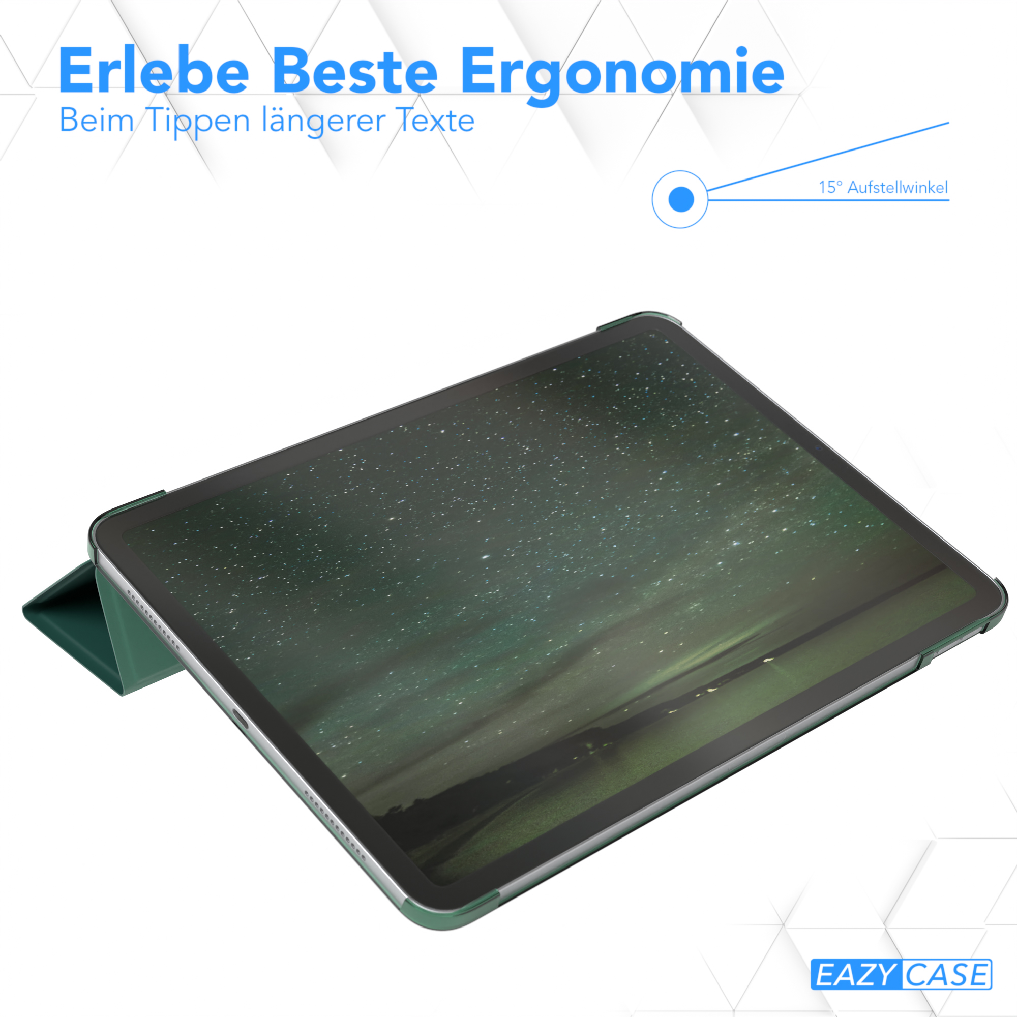 Grüne Tablet-Hülle. Tablet ist innen. Es hat einen 15-Grad-Winkel. Text befindet sich über dem Tablet.