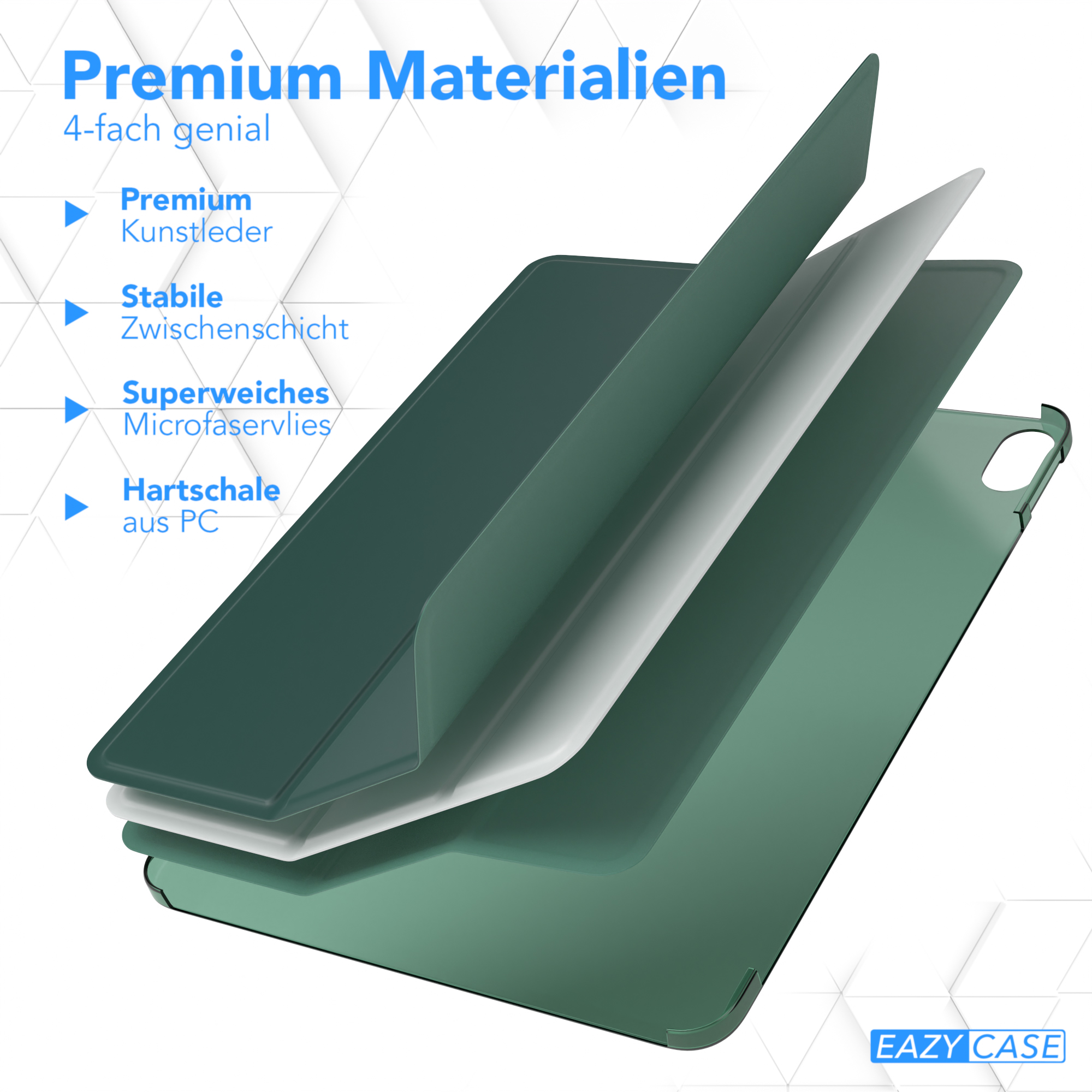 Eine Schutzhülle für Tablets mit Materialschichten. Die Schichten umfassen Premium-Leder und eine PC-Hartschale.