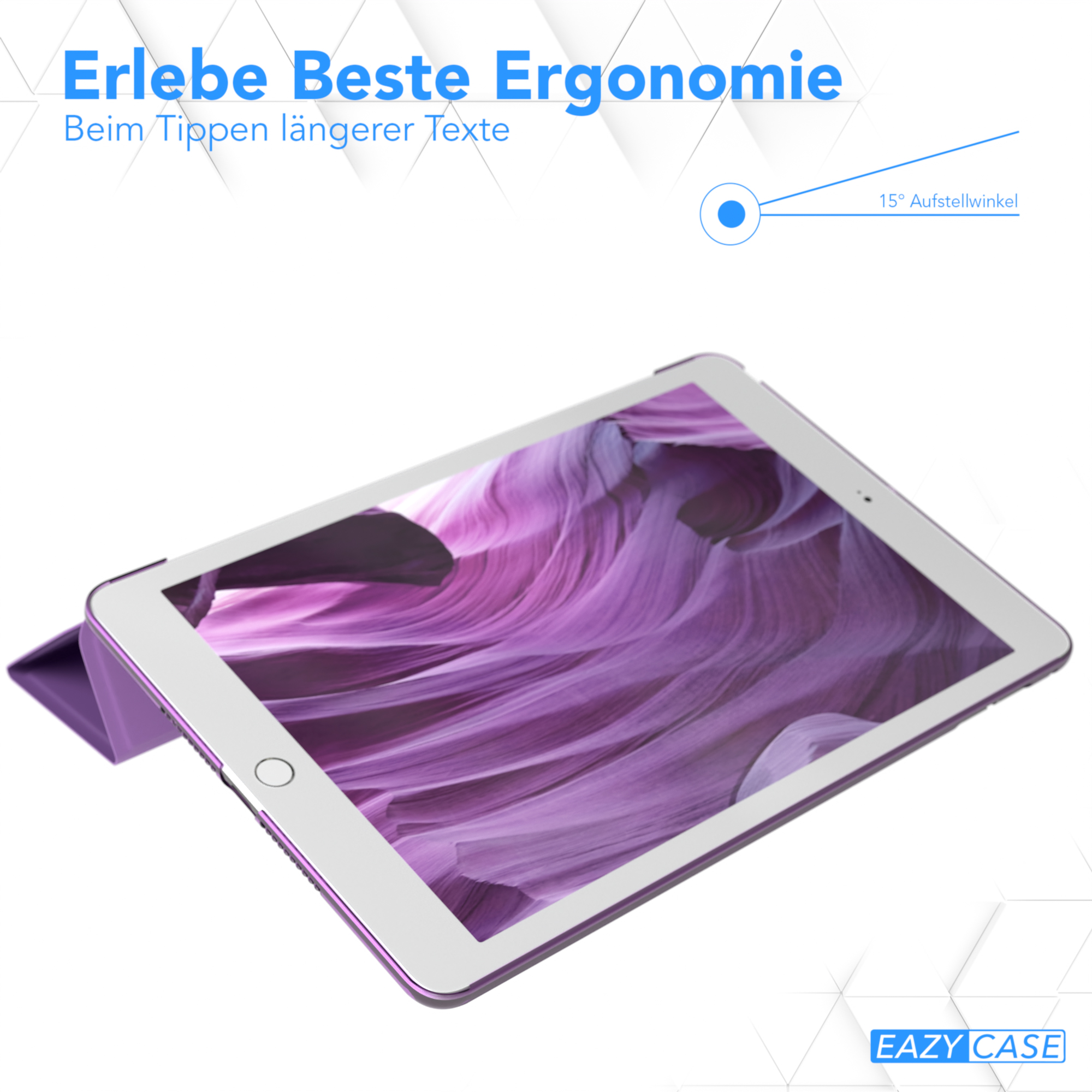 Tablet mit lila Hülle, angewinkelt, zeigt eine lila und weiße Naturszene.