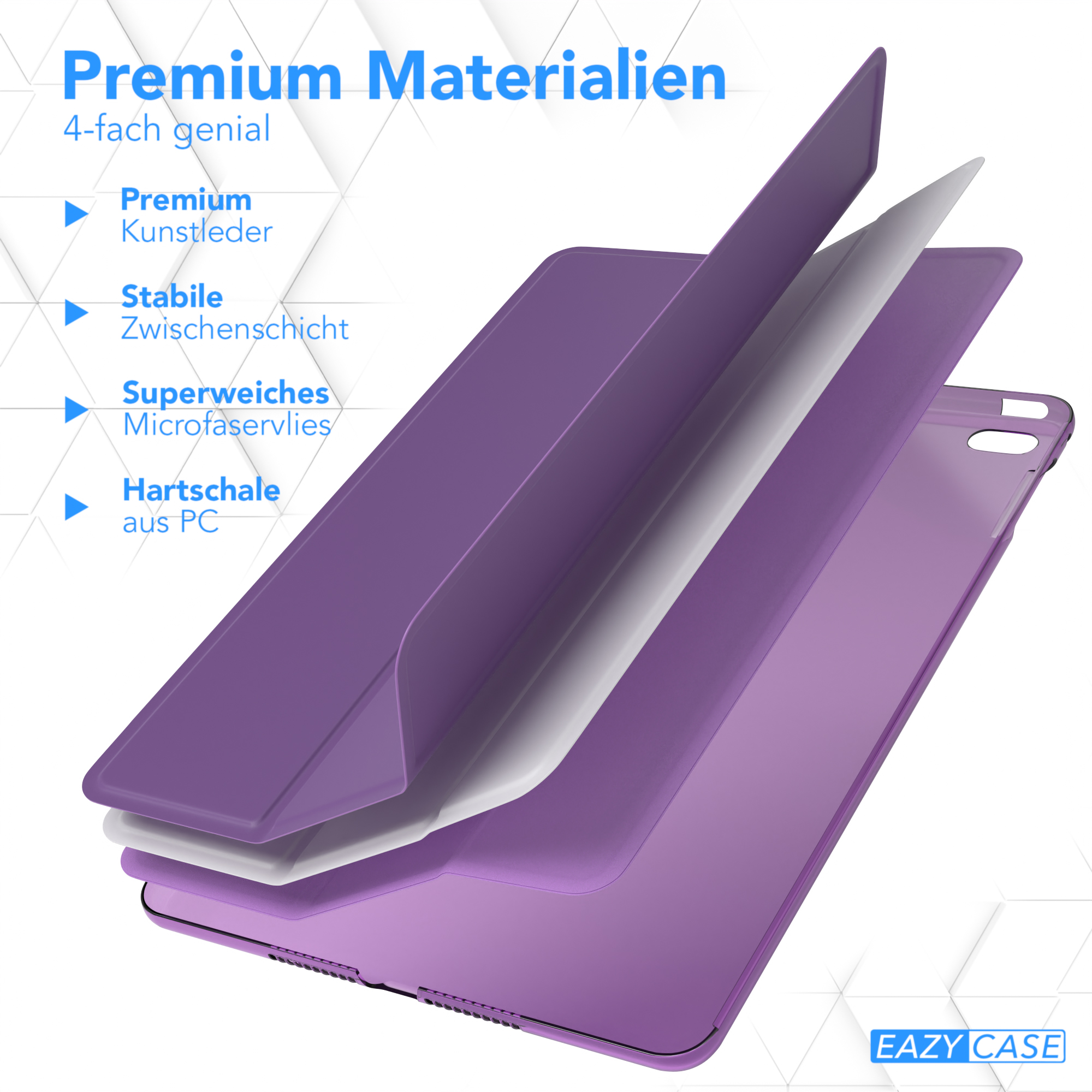 Lila Tablet-Hülle mit Schichten: Premium-Kunstleder, stabile Schicht, Mikrofaser und PC-Hartschale.